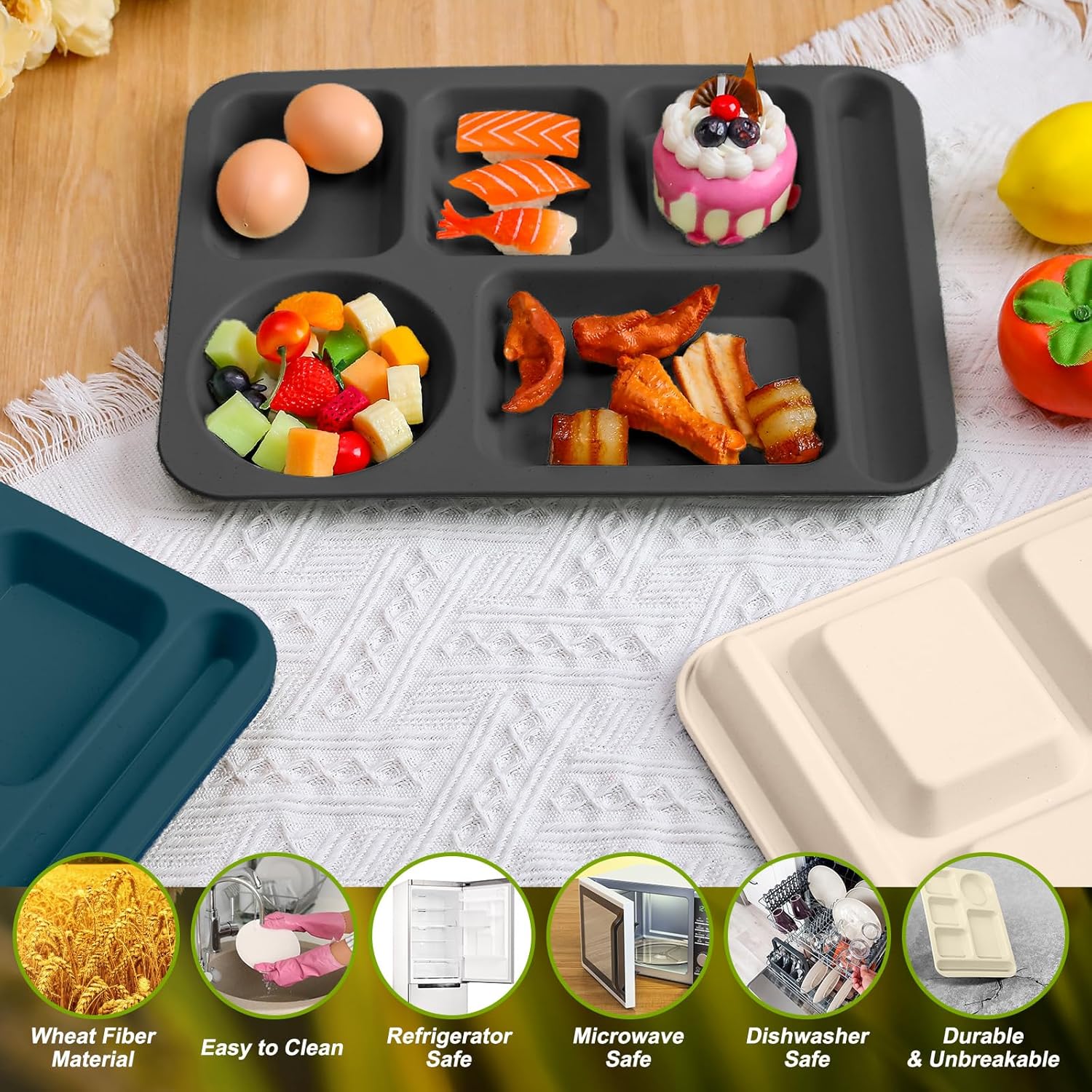 Tioncy 20 platos divididos grandes de paja de trigo de 14.2 pulgadas para adultos, bandejas irrompibles para el almuerzo para niños con