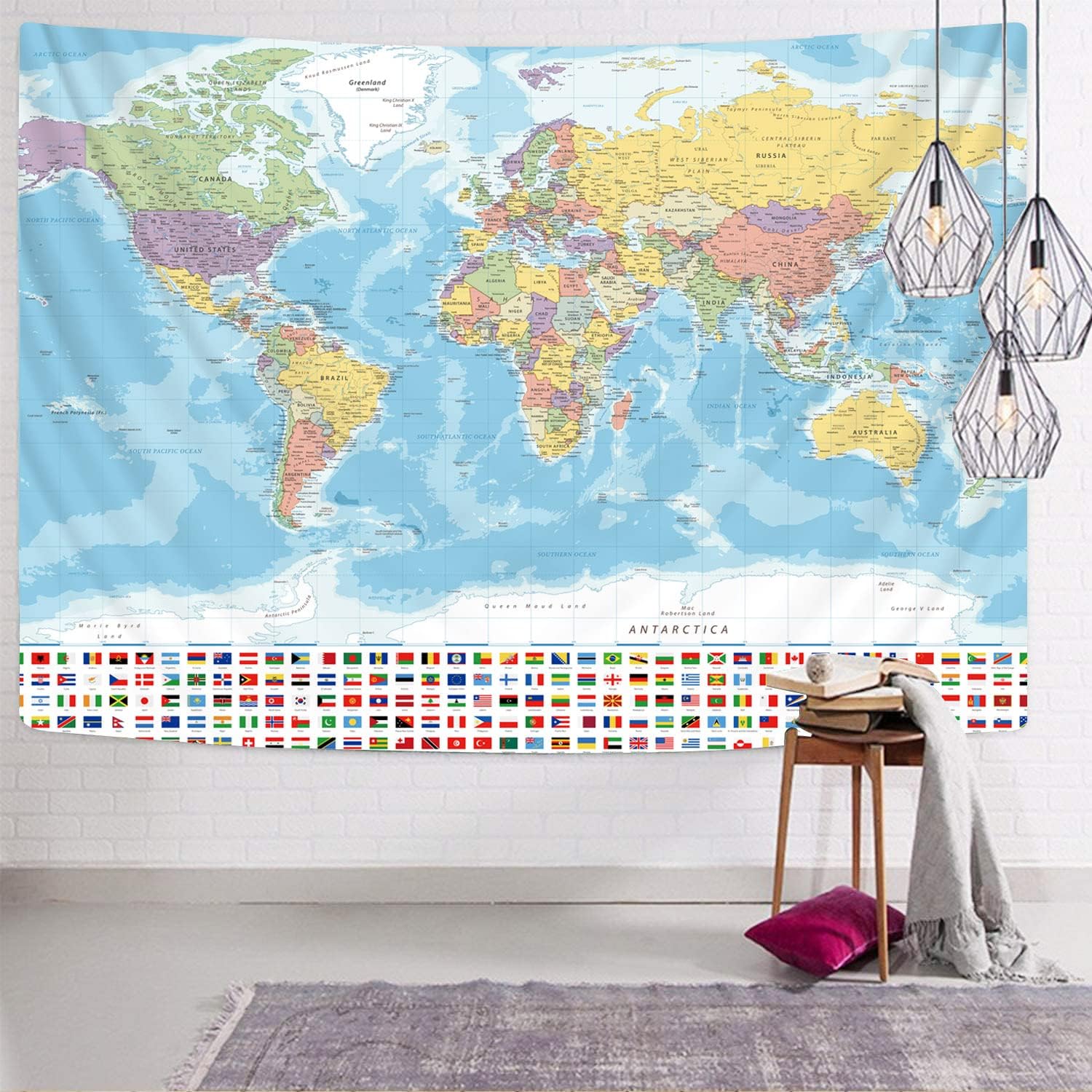 KYKU Tapiz pequeño de mapa del mundo, tapiz con mapa del mundo, banderas, decoración de viaje, aula, decoración de la tierra, fiesta (51.2 x 59.1