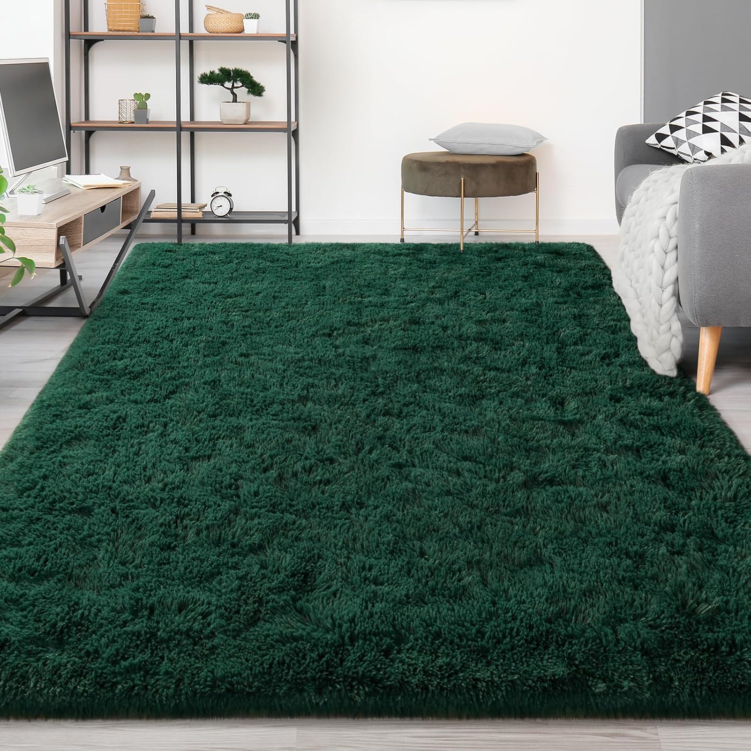 FlyDOIT Alfombras de área grandes para sala de estar, 5 x 8 pies, color verde profundo, alfombras peludas de felpa ultra suave, modernas alfombras