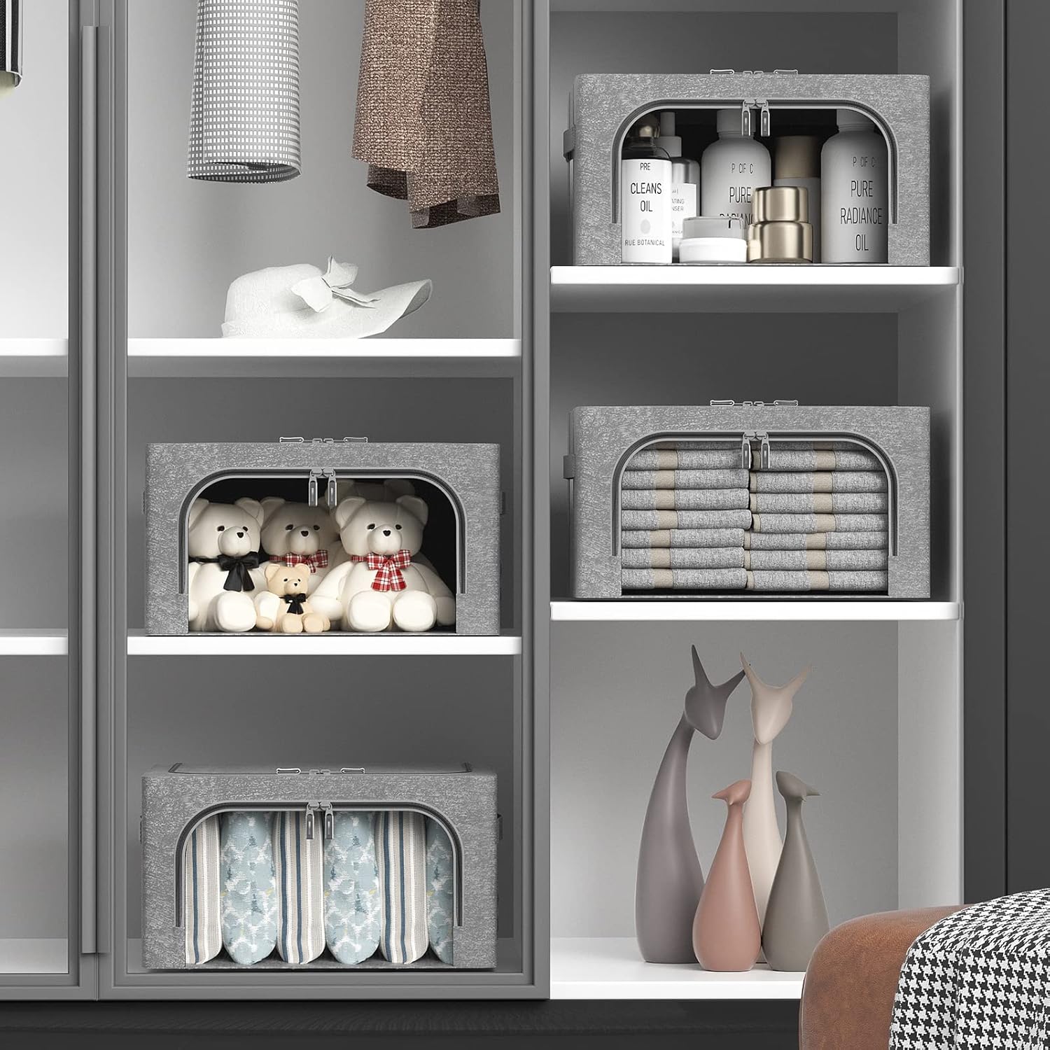 Paquete de 3 cajas de almacenamiento de ropa  Oxford plegable apilable contenedor organizador para ropa, marco de tela, bolsas de almacenamiento con