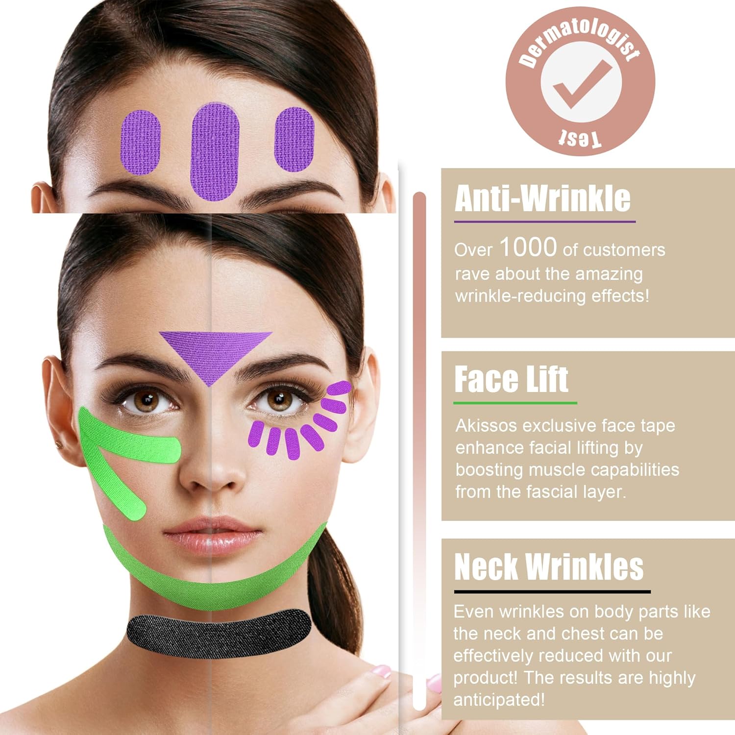 Akissos Cinta de levantamiento facial para la frente, parches de arrugas reutilizables – Cinta de estiramiento facial – Máscara de elevación de