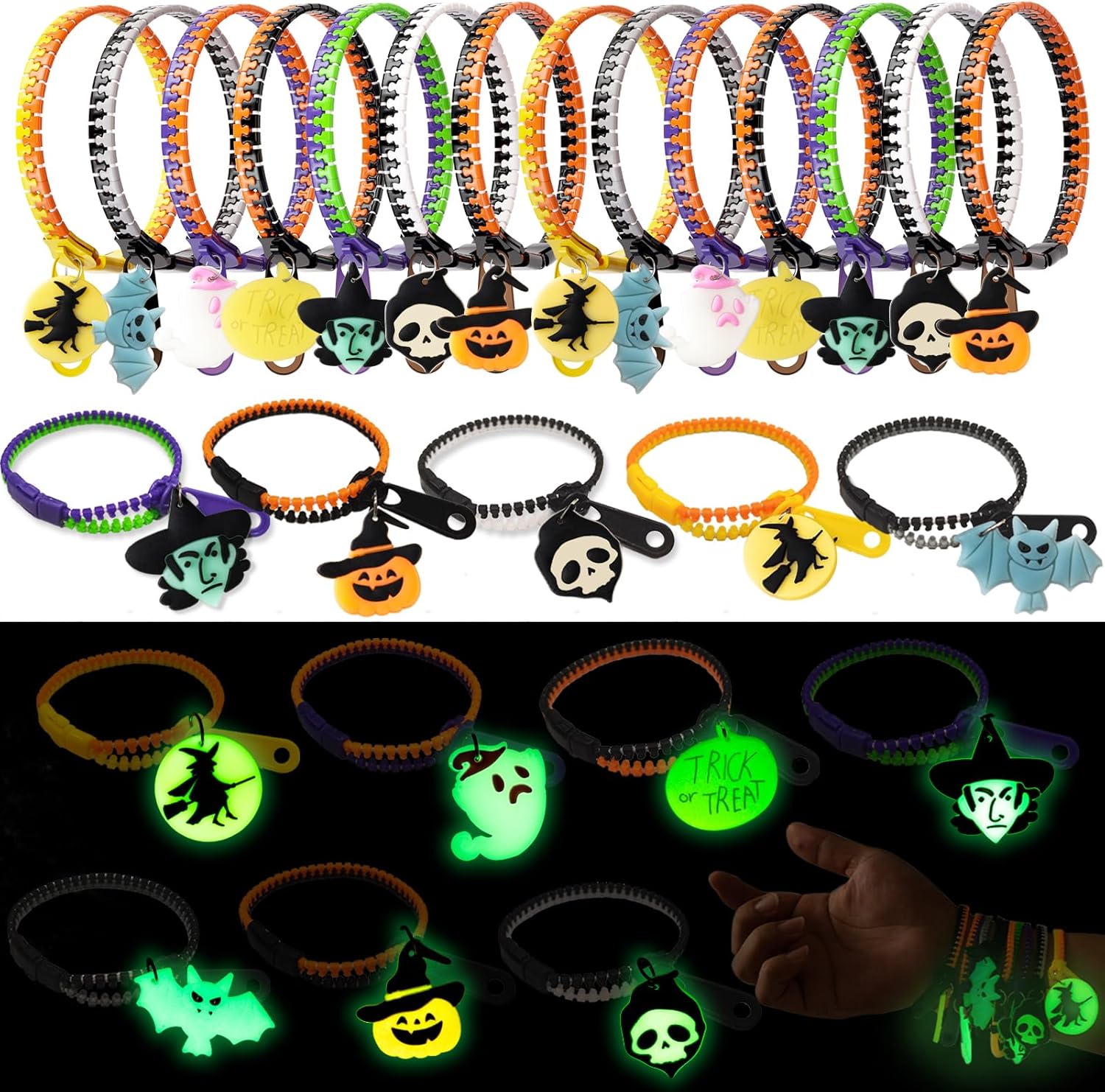 kockuu 28 pulseras de Halloween con cremallera para niños pequeños, pulseras de golosinas de Halloween que brillan en la oscuridad, recuerdos de