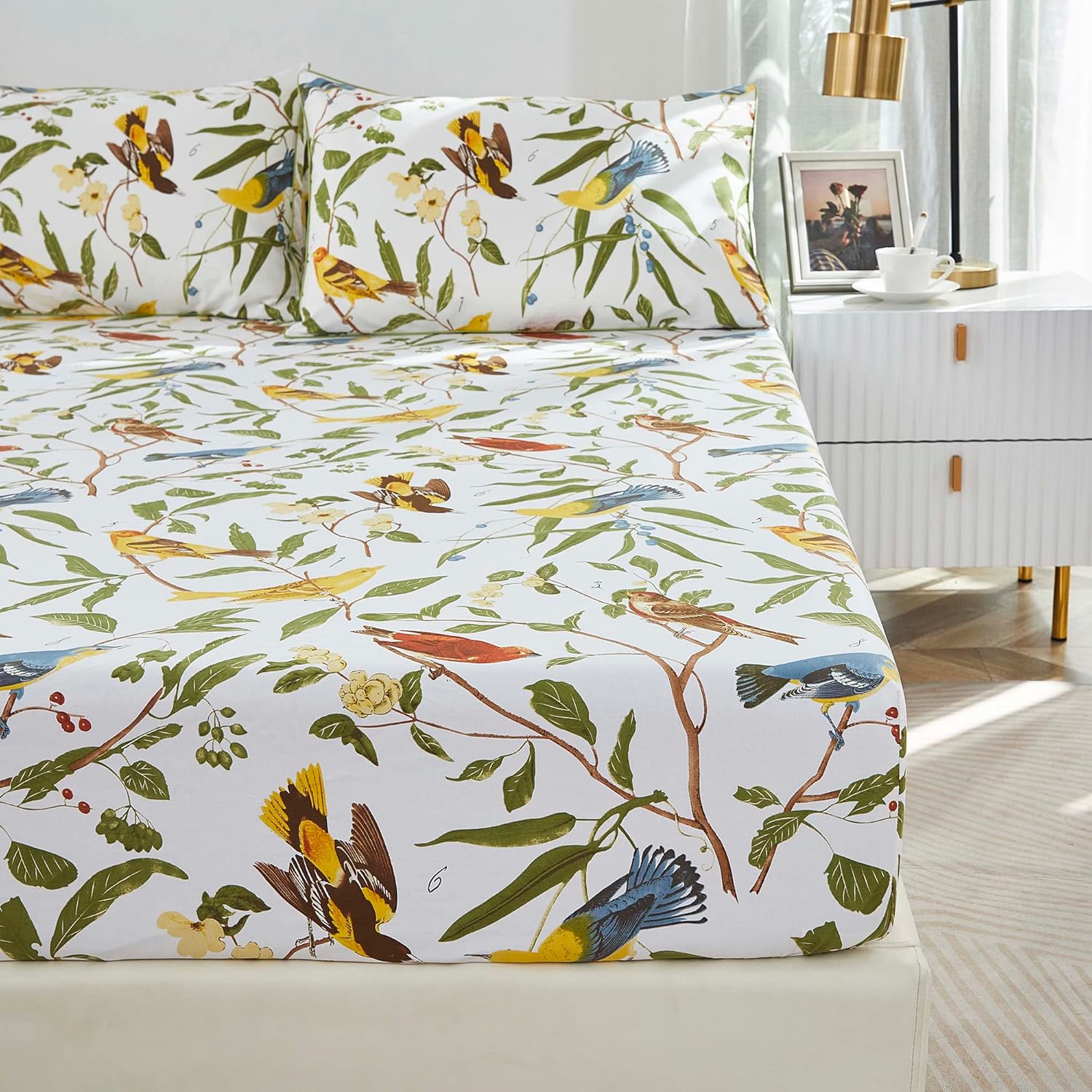 Brandream Juego de sábanas de lujo con diseño de pájaros florales orientales, 800 hilos, 100% algodón egipcio, bolsillo profundo, color blanco,