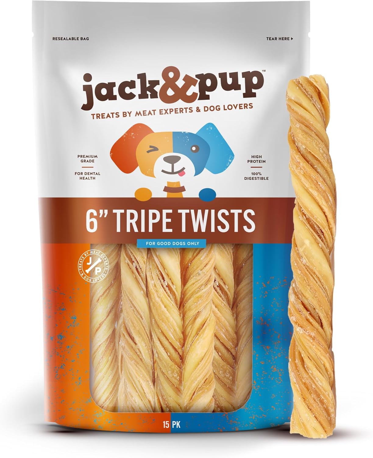 Jack&Pup – Tripe Twist de 6 pulgadas para perros, masticables sin cuero crudo  Golosinas para perros bajas en calorías de un solo ingrediente