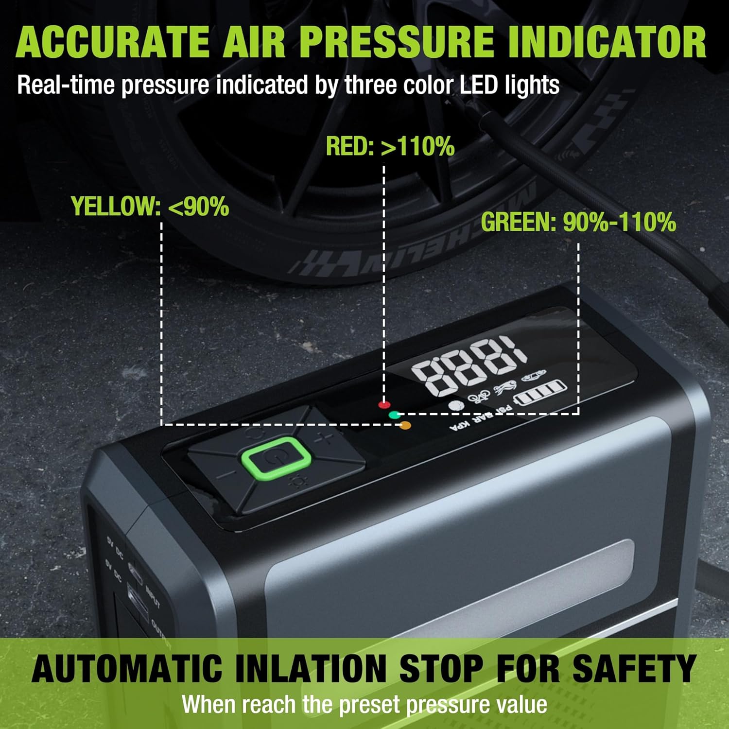 WORKPRO Inflador de neumáticos, compresor de aire portátil, bomba de aire portátil de 12 V para neumáticos de automóvil con batería de 7500 mAh,