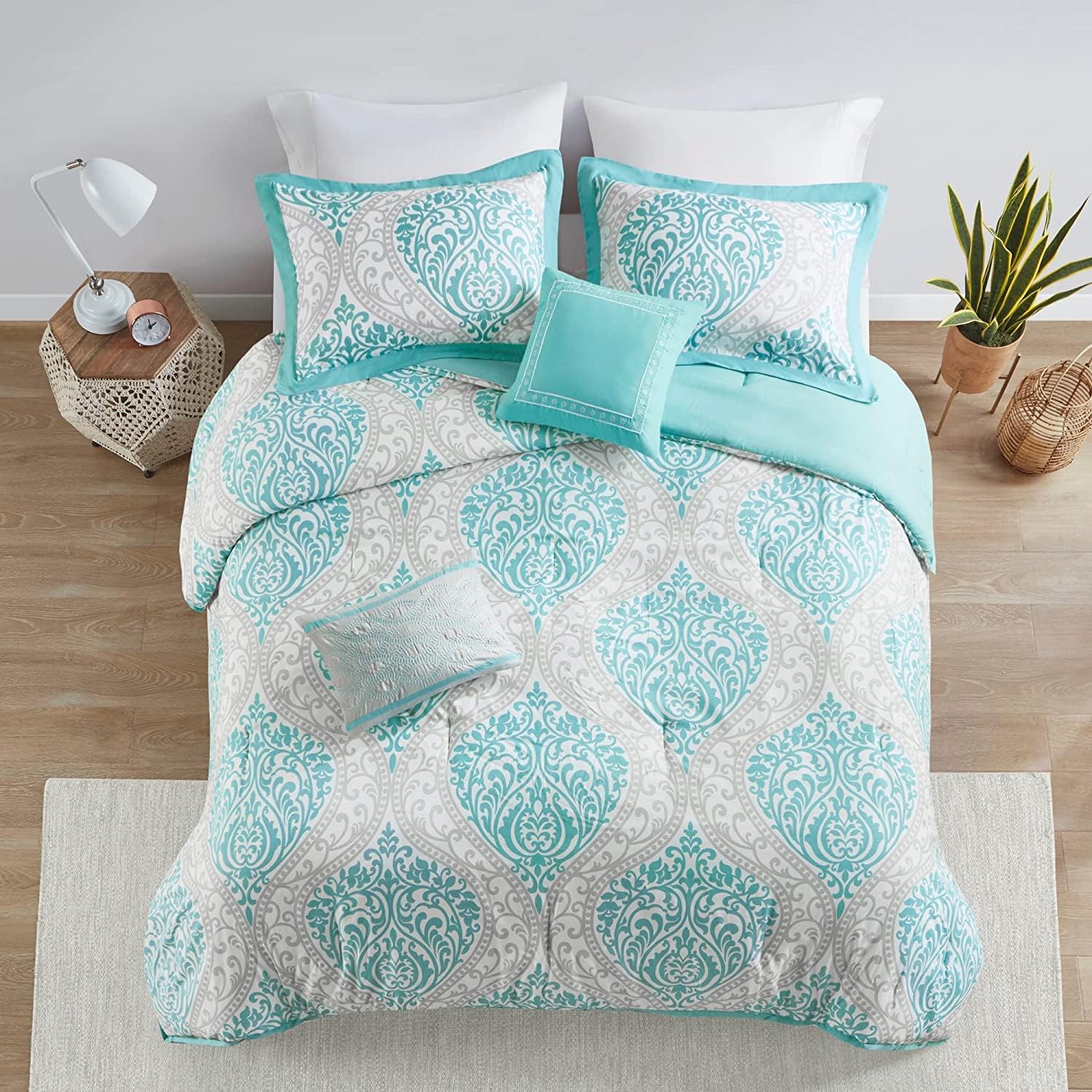 Intelligent Design Senna – Juego de edredón tamaño individualindividual XL, color azul aguamarinagris, damasco, juegos de cama de 4 piezas, ropa de