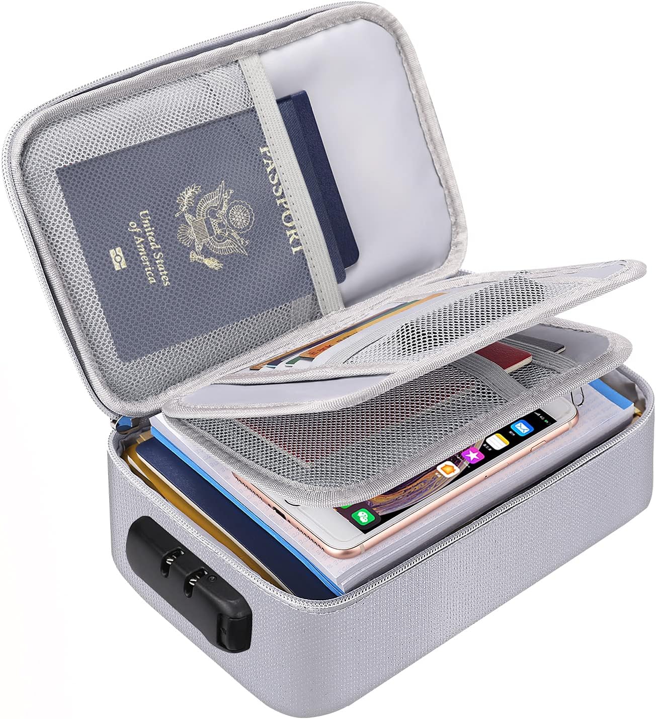 ENGPOW Pequeña funda organizadora de almacenamiento ignífuga con cerradura (9.4 x 5.9 x 3.2 pulgadas), 3 capas seguras para dinero, tarjeta,
