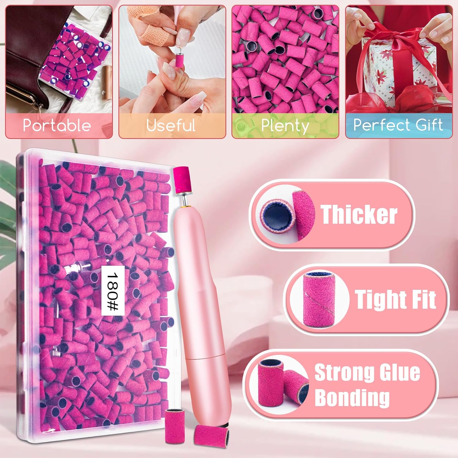Bandas de lijado para uñas, banda de lijado de grano 180 para taladro de uñas, 200 bandas de lijado rosa de grano fino 180 con broca de lijado de