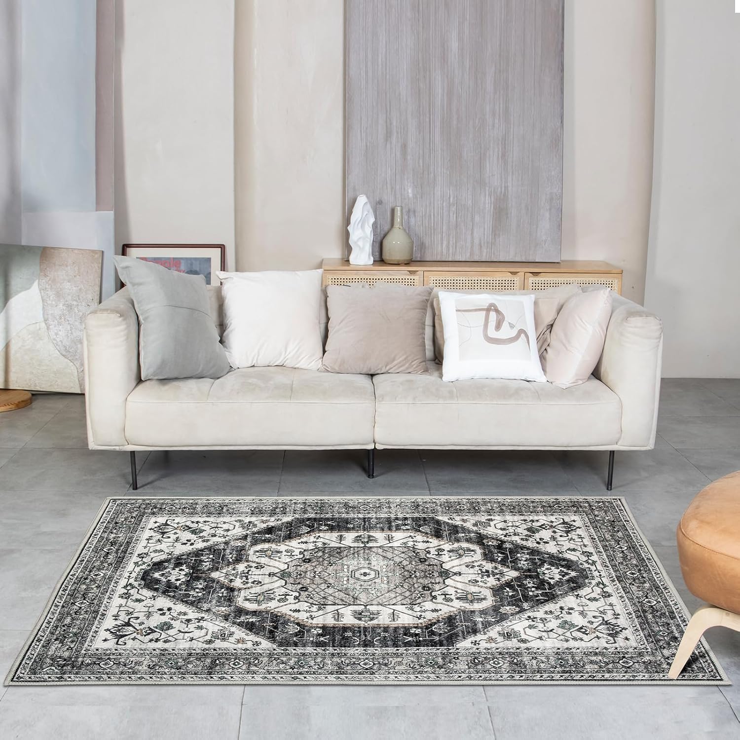 Alfombra bohemia para sala de estar, 3 x 5, lavable, retro, delgada, para zonas de alto tráfico