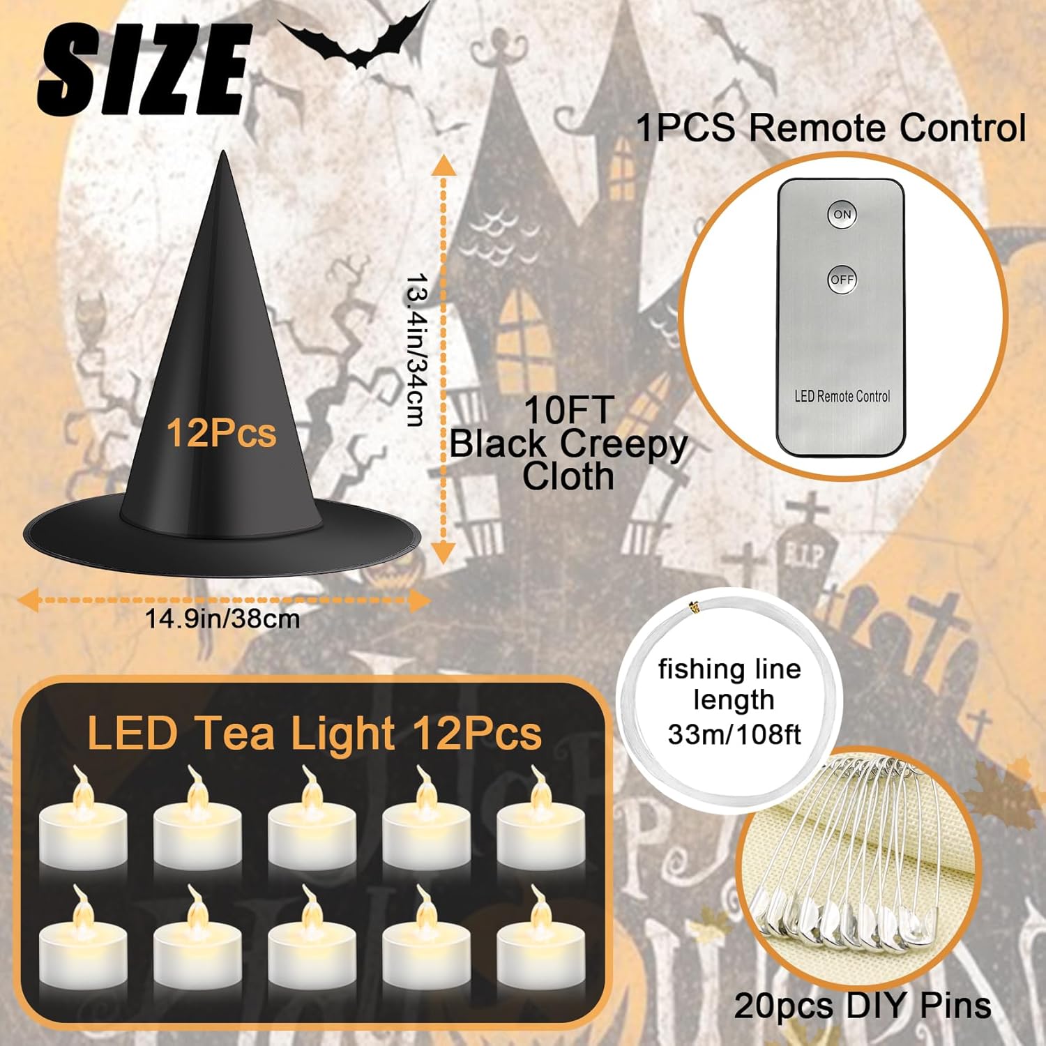 taupphoo 24 sombreros de bruja negros de Halloween, sombreros de bruja flotantes iluminados con control remoto, luces de té, murciélagos 3D,