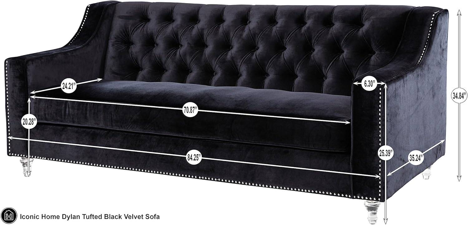 Sofá de terciopelo negro Dylan con cabeza de clavo plateado Trim Round Acrylic Feet Sofa