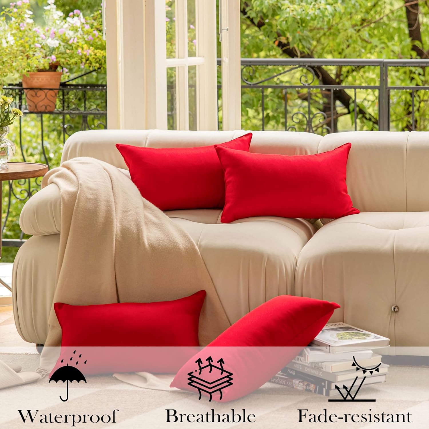 Demetex Fundas de almohada decorativas impermeables de 12 x 20 pulgadas, para exteriores, fundas de almohada de lino para jardín, césped y sala de