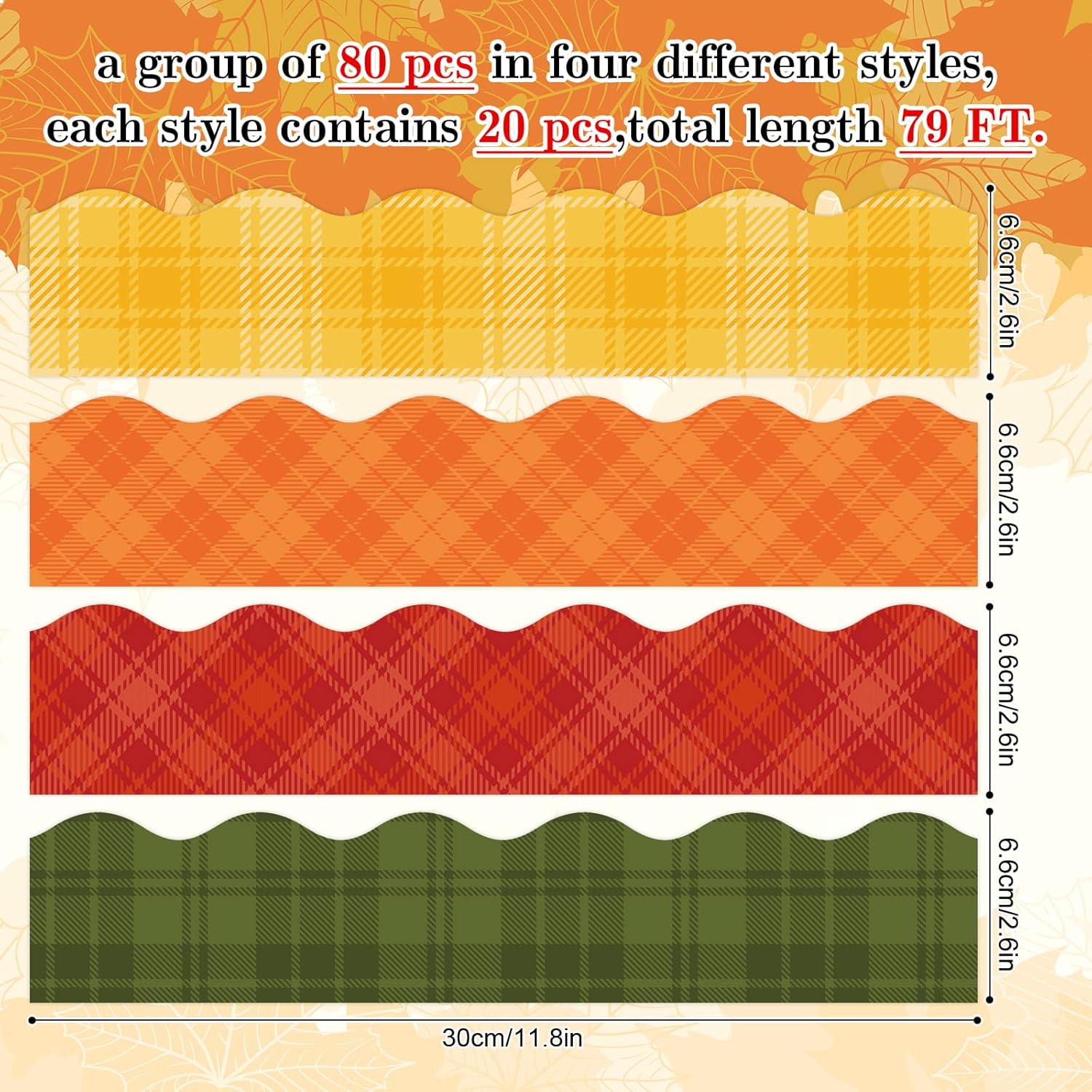 AnyDesign Tablero de anuncios a cuadros de otoño de 79 pies, con bordes autoadhesivos, naranja, verde, amarillo, rojo, borde a cuadros, borde de