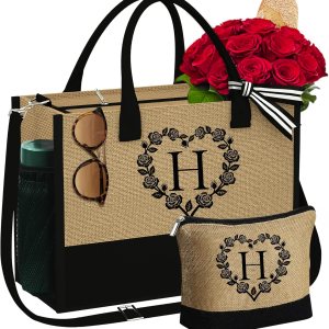 Bolsa de yute con inicial y bolsa de maquillaje, bolsa de mano con monograma bordado con correa, regalos de cumpleaños personalizados para mujeres, Bolsa de yute con inicial y bolsa de maquillaje, bolsa de mano con monograma bordado con correa, regalos de cumpleaños personalizados para mujeres,
