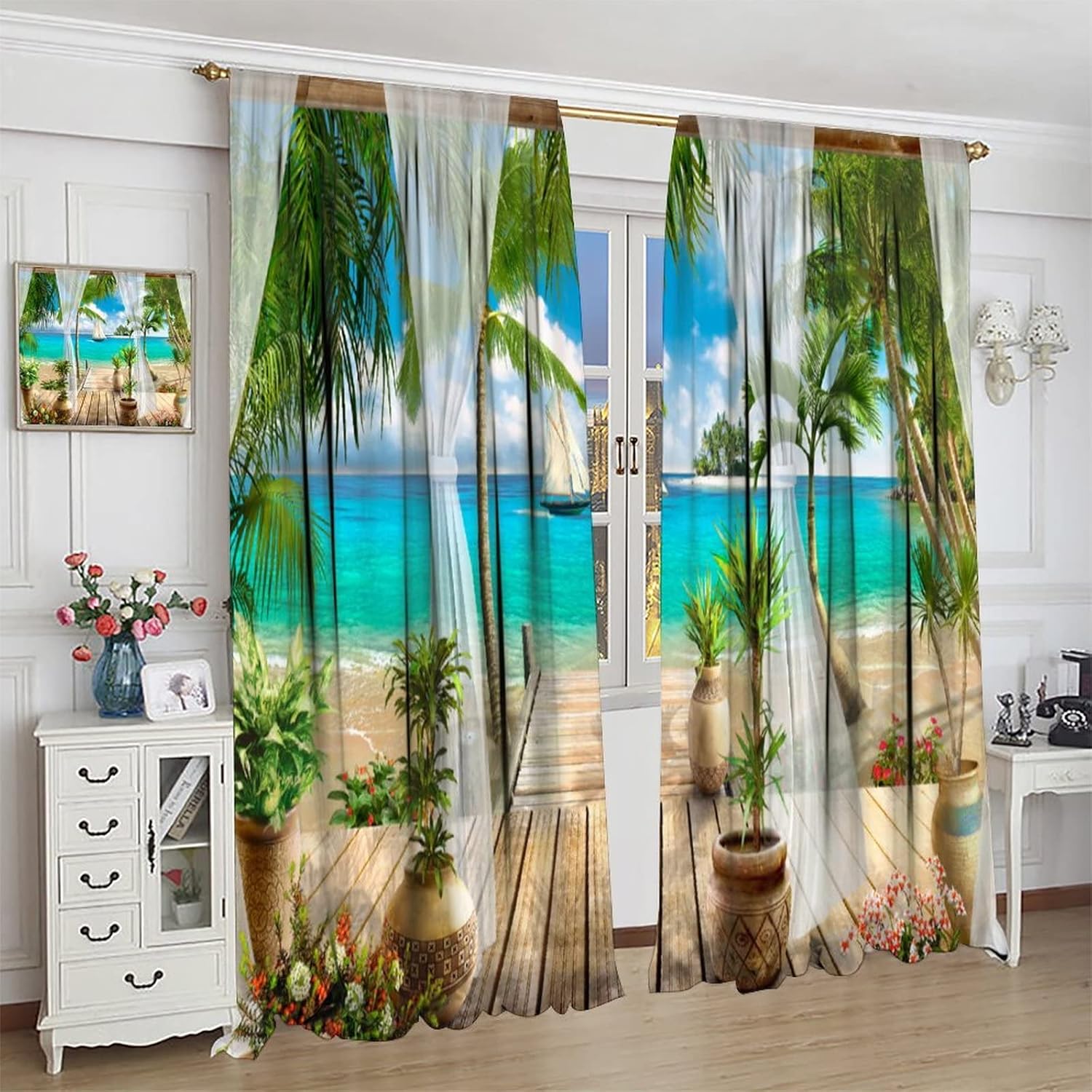 Cortinas de paisaje, ventana tropical con vista al mar, océano, playa, barco, cortinas con estampado de palmeras para dormitorio, sala de estar,
