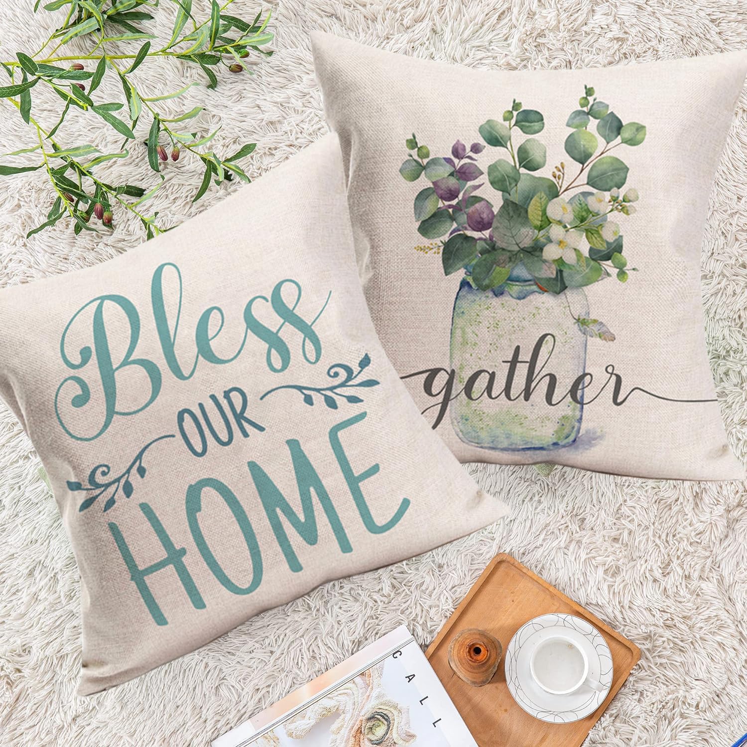 Home Throw – Juego de 4 fundas de almohada de 24 x 24 pulgadas  24.0 x 24.0 in., decorativas para exteriores, diseño de hojas de eucalipto, verde,