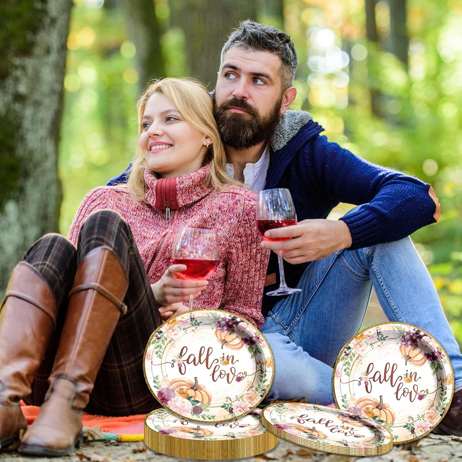 HAKOTI Decoraciones de fiesta de enamoramiento, 48 platos de papel de otoño, con temática floral de calabaza, juego de platos de papel de postre