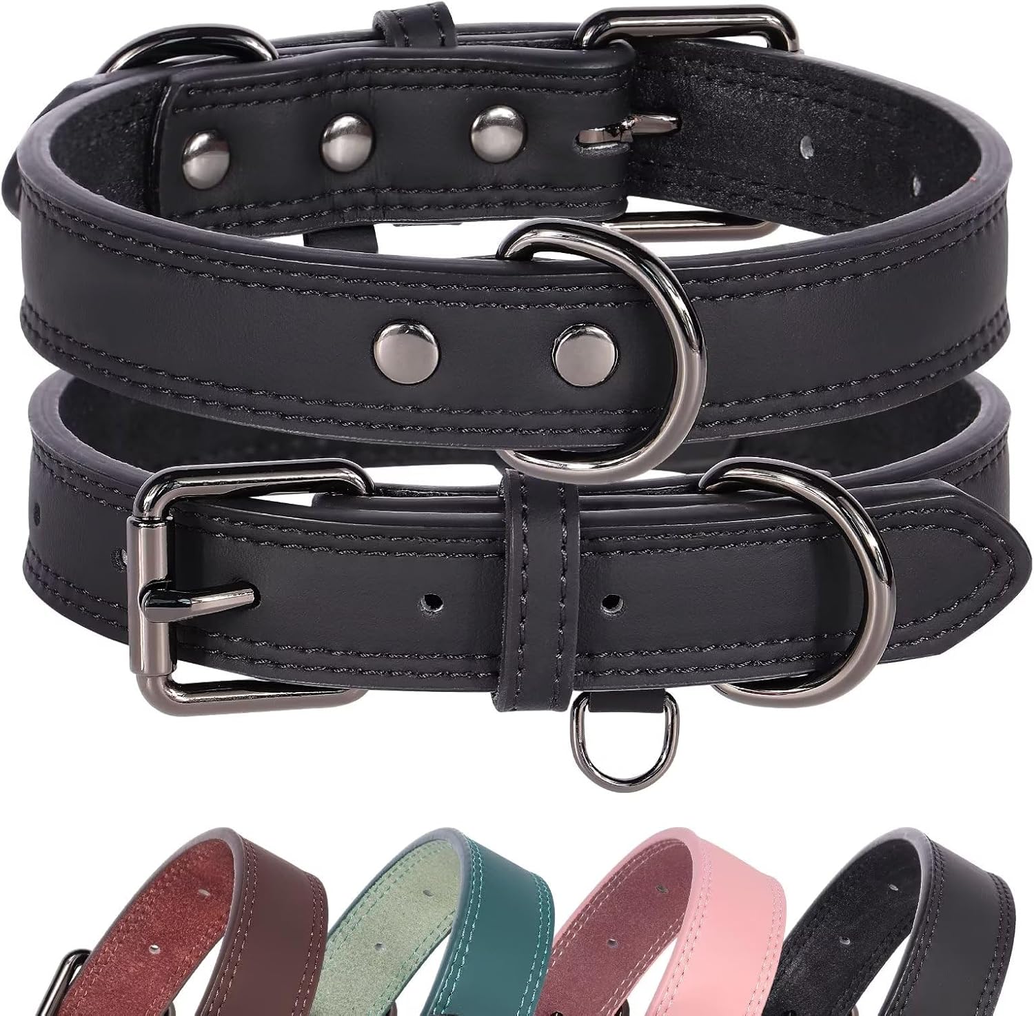 Didog Collar de perro de cuero genuino, duradero y suave, resistente con anillos dobles en D, collar de perro negro ajustable con hebilla de metal