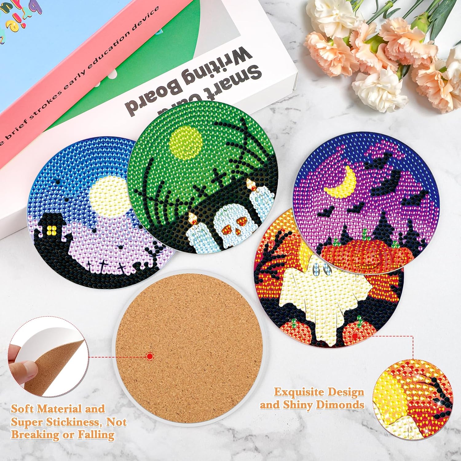 NAIMOER 8 posavasos de pintura de diamantes de Halloween, posavasos de bricolaje con diseño de calavera y diamantes para adultos y niños, posavasos