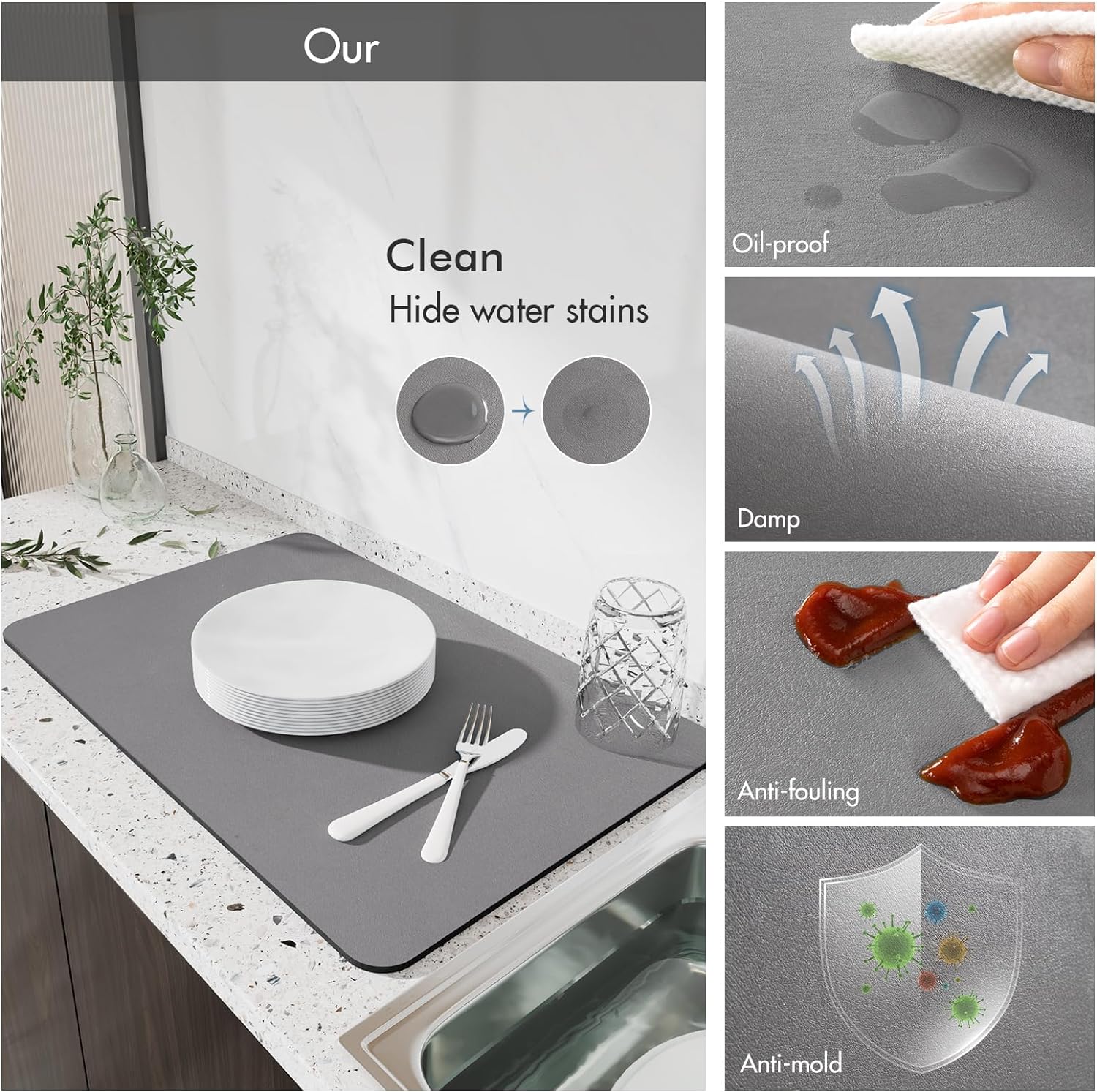 Tapete de secado de platos para encimeras de cocina, tapete de secado absorbente, tapete de secado de platos grande para encimera de cocina, tapete