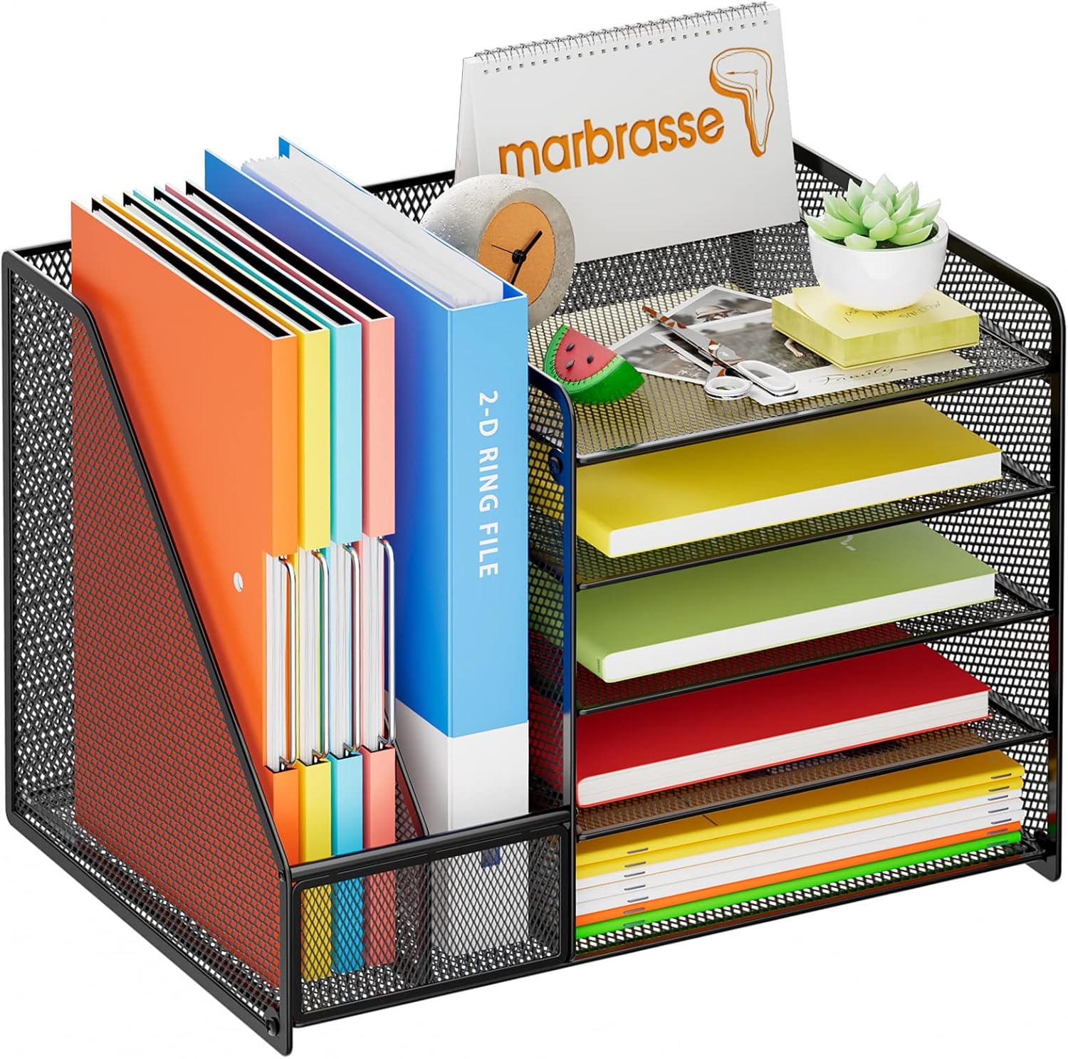 Marbrasse Organizador de escritorio con soporte para archivos + bandeja de papel de 5 niveles con soporte para archivos+cajón y 2 soportes para