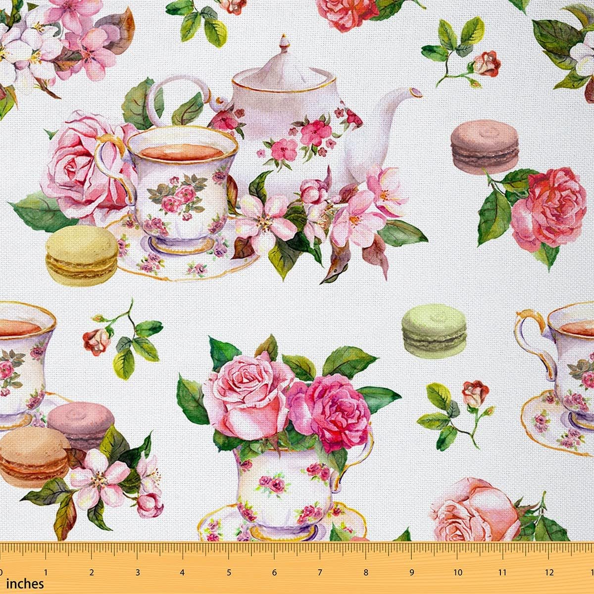 Feelyou The Yard, tela floral de flor de cerezo, tazas de té de acuarela, tartas de macarrón, tela de tapicería para sillas y proyectos de bricolaje