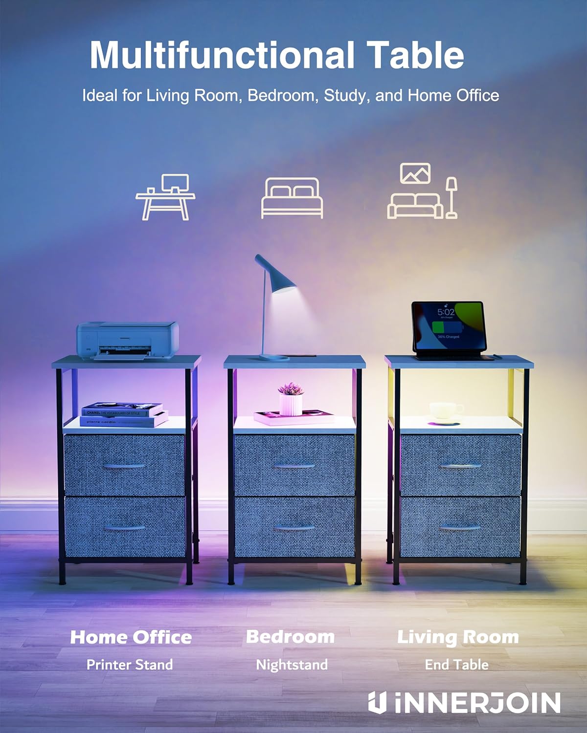 Innerjoin Mesita de noche con estación de carga puertos USB A y C, mesita de noche LED con 2 cajones y estante de almacenamiento, soporte de cama