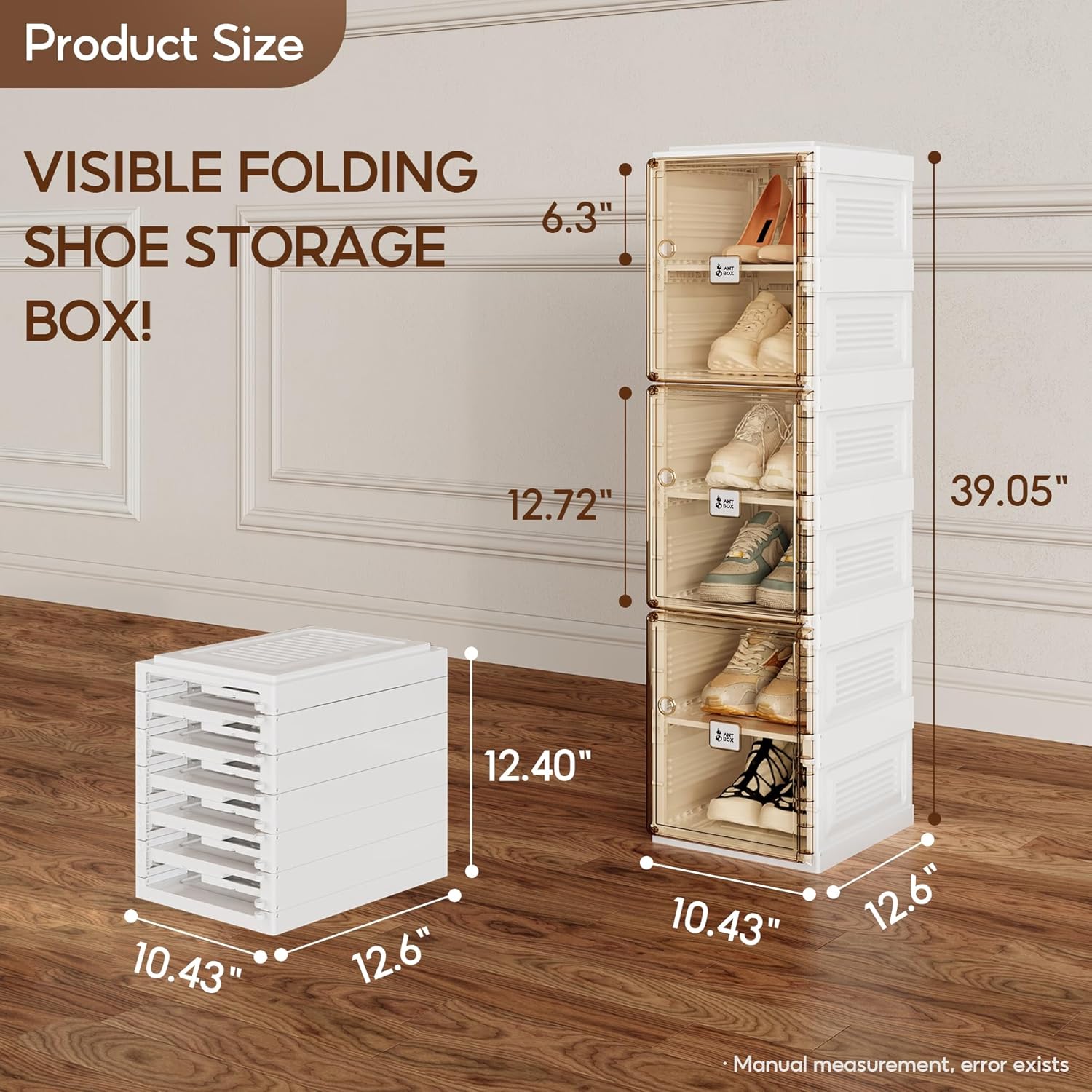 Caja de almacenamiento organizadora de zapatos, zapatero plegable portátil para armario con puerta transparente magnética, contenedores grandes para