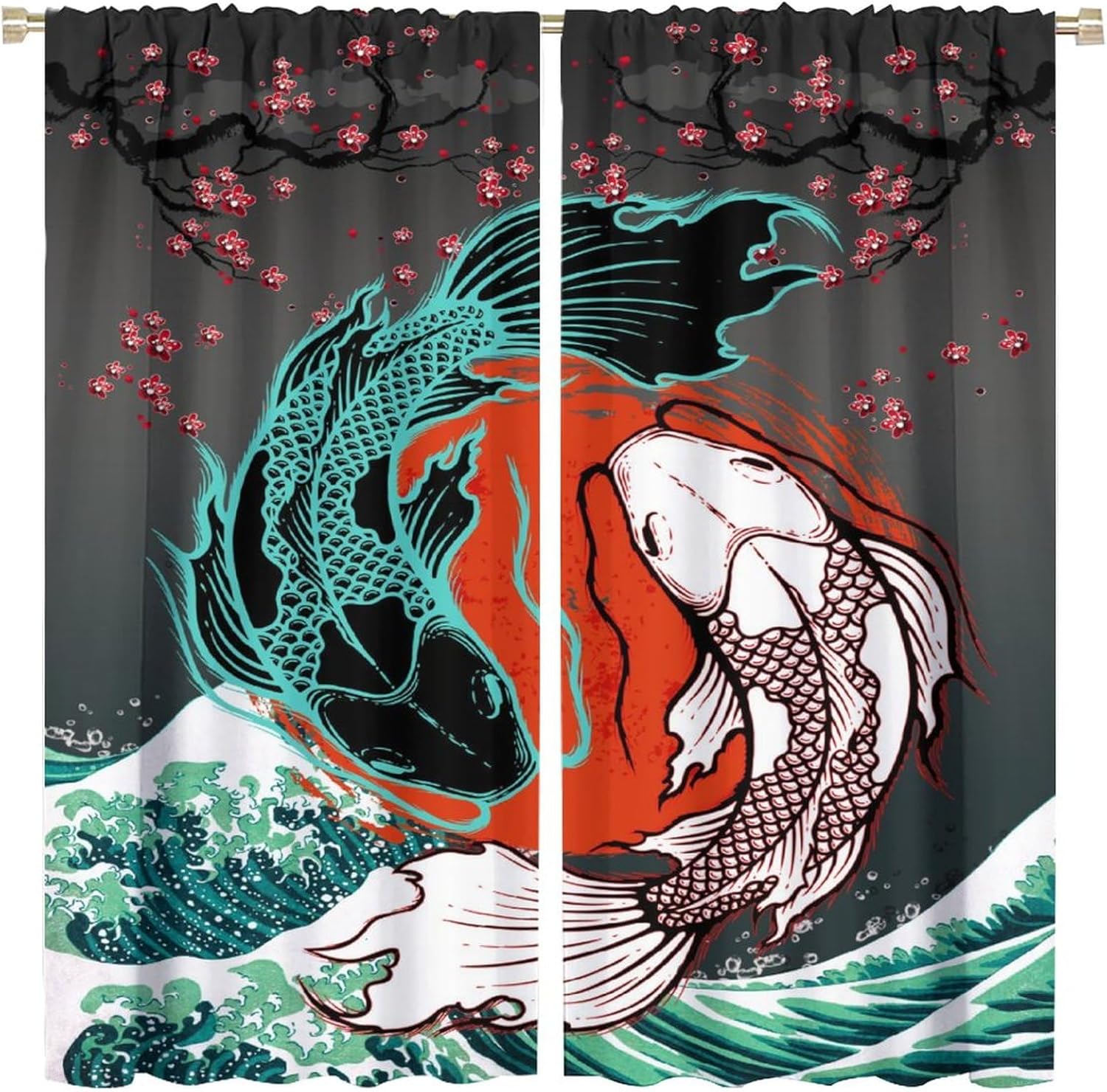 SENQIAN Koi – Cortinas opacas para cocina, estética japonesa, romántica, flor de cerezo, ondas, con bolsillo para cortinero, cortinas opacas para