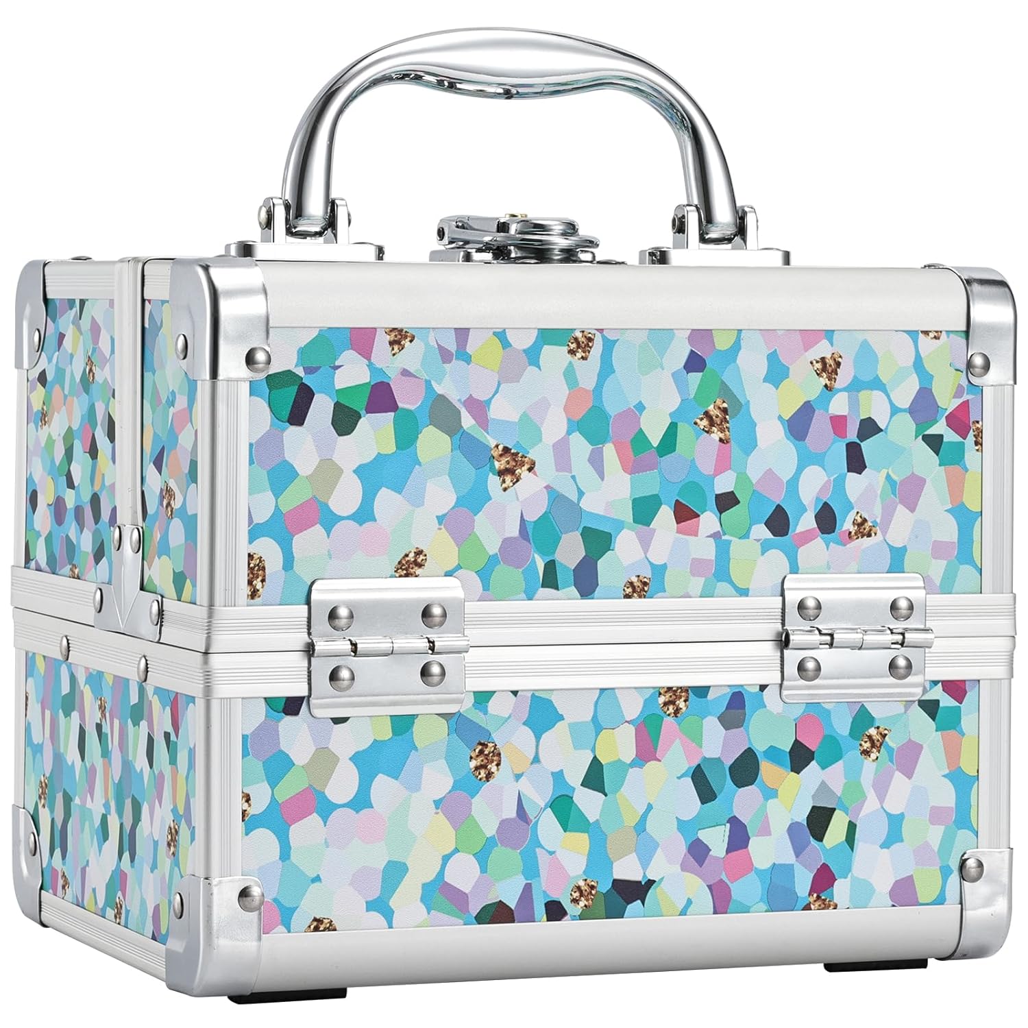 FRENESSA Estuche de tren de maquillaje, estuche organizador de cosméticos, caja de maquillaje portátil, 2 bandejas con espejo, estuche organizador