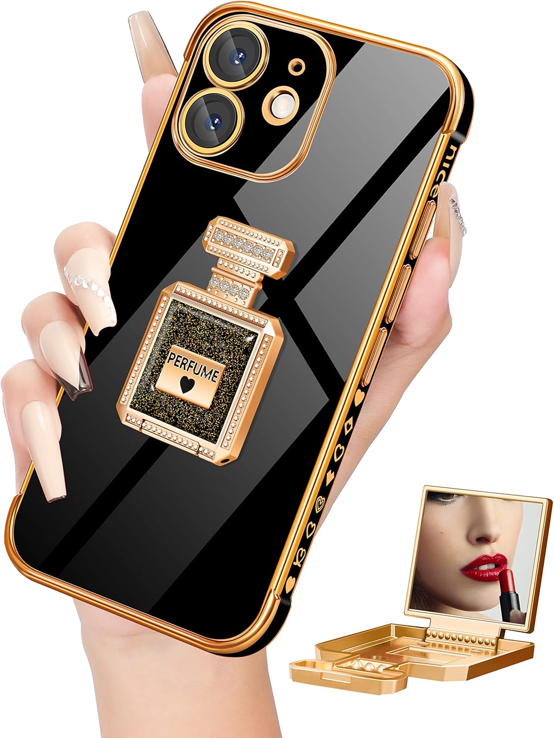 Buleens Funda para iPhone 11 con soporte de espejo de botella de perfume de metal, bonitas fundas de corazón femenino para iPhone 11, elegante funda