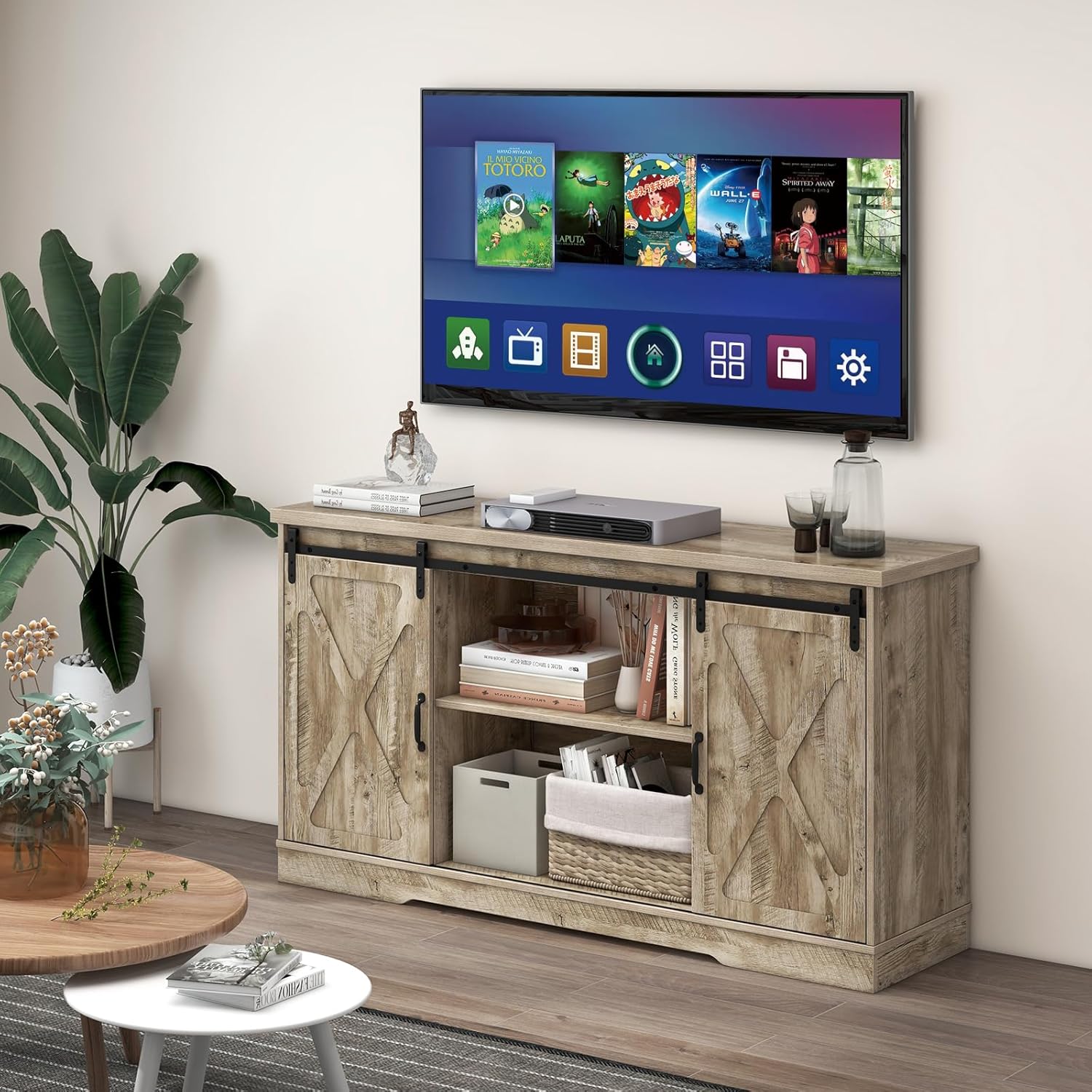 Tangkula Soporte de TV con puerta corrediza de granero para televisores de hasta 65 pulgadas, centro de entretenimiento de granja con estantes
