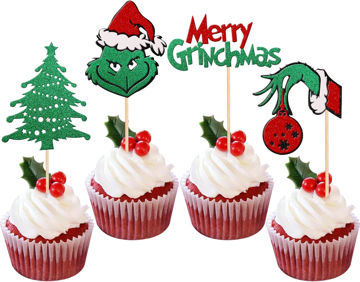 24 piezas de decoración para cupcakes con temática de Grinchmas Grinch rojo y verde con purpurina para árbol de Navidad para árbol de Navidad con