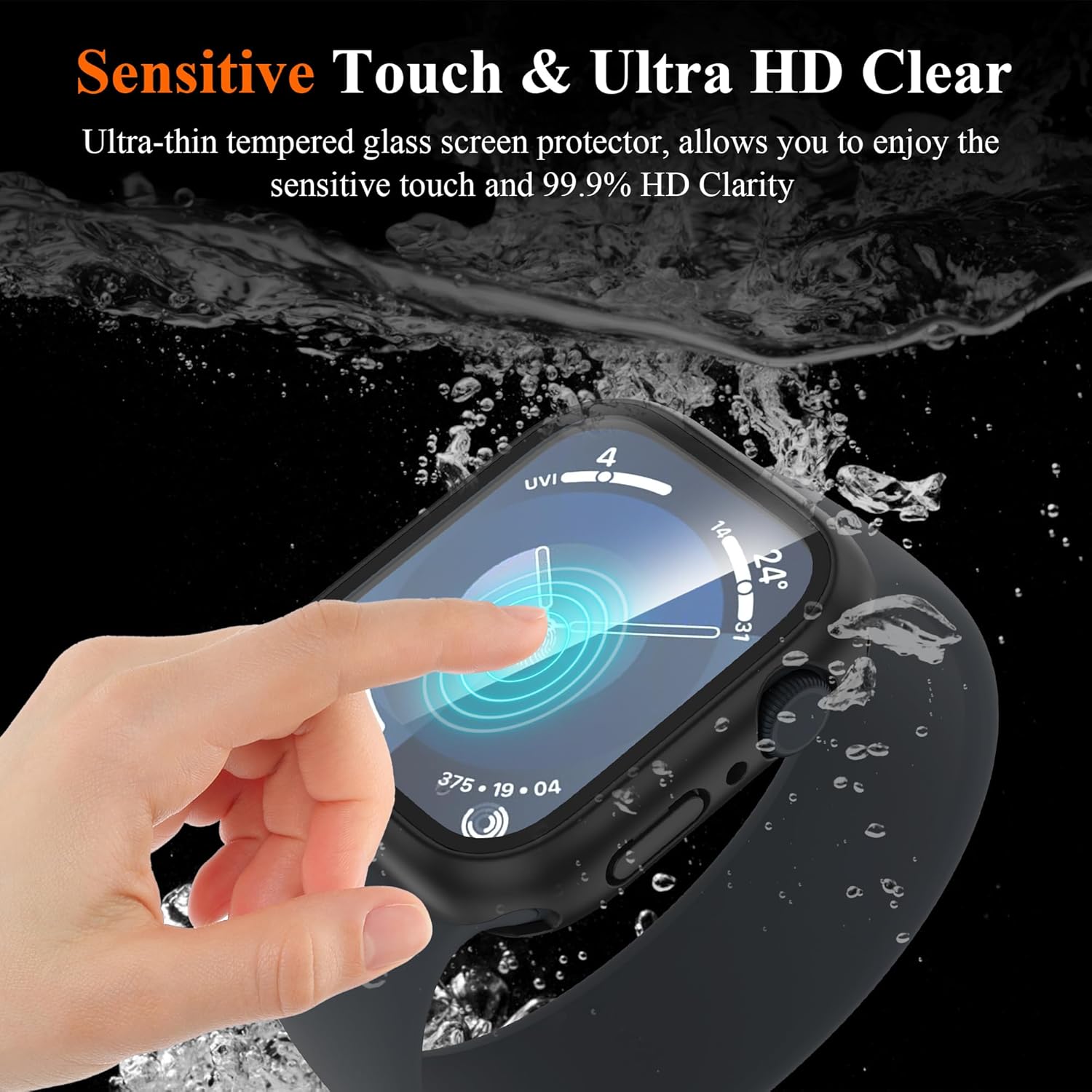 YMHML – Funda impermeable para Apple Watch Series 9 de 1.772 pulgadas, protector de pantalla de vidrio templado 360, cubierta frontal de