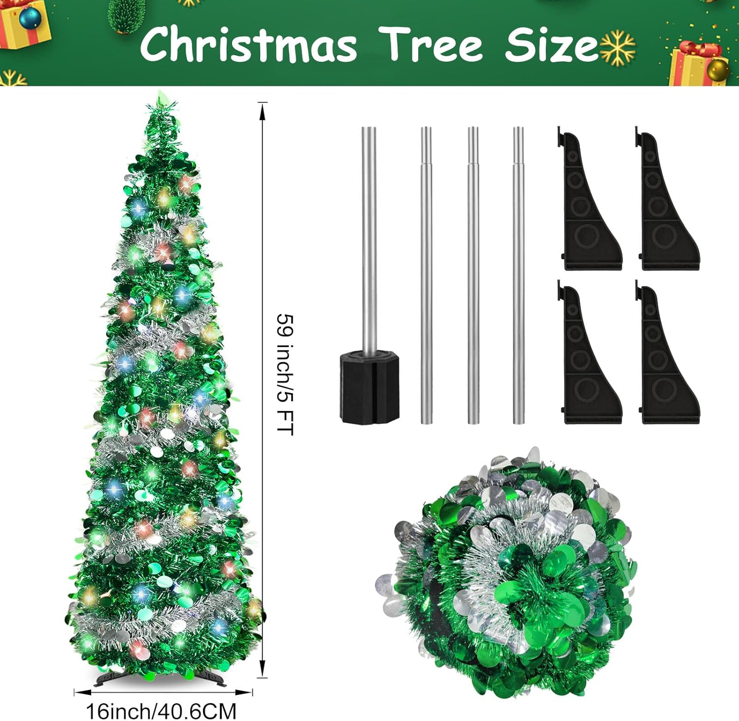 Árbol de Navidad desplegable de 5 pies con 8 modos, 90 decoraciones coloridas de Navidad, árbol de Navidad plegable para interiores y hogar,