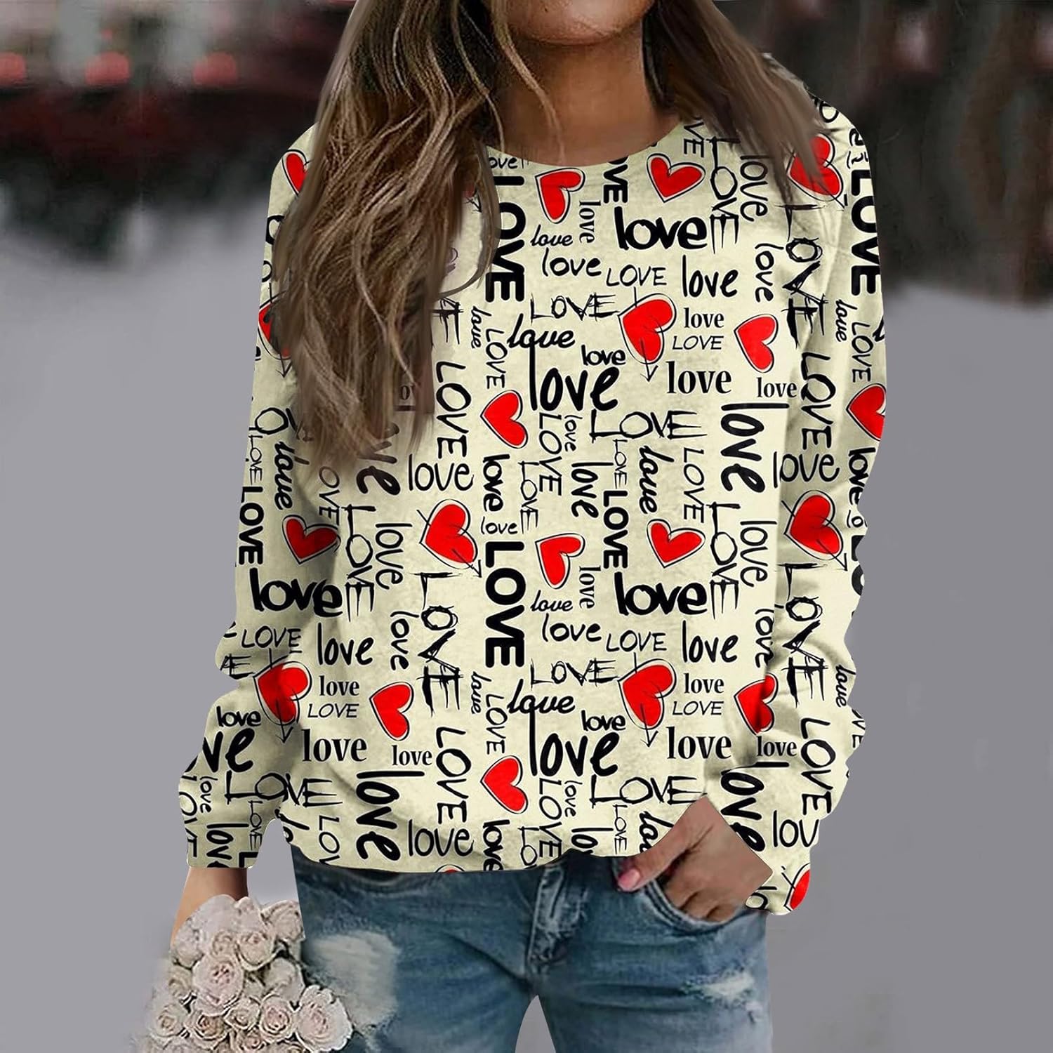 Camisas de San Valentín para mujer, manga larga, invierno y primavera, a la moda, ajuste holgado, sudaderas elegantes