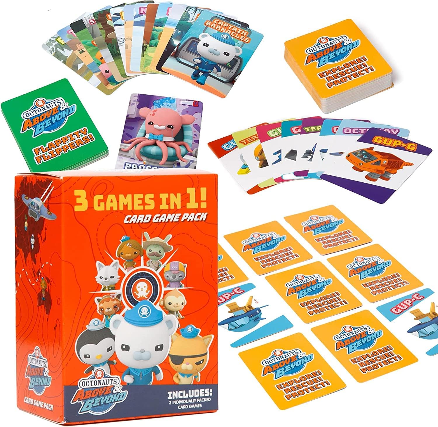 Octonauts – Juegos de cartas clásicos y tarjetas flash para niños, incluye tres juegos, letras del alfabeto y numéricas, juego de memoria, Go Fish &