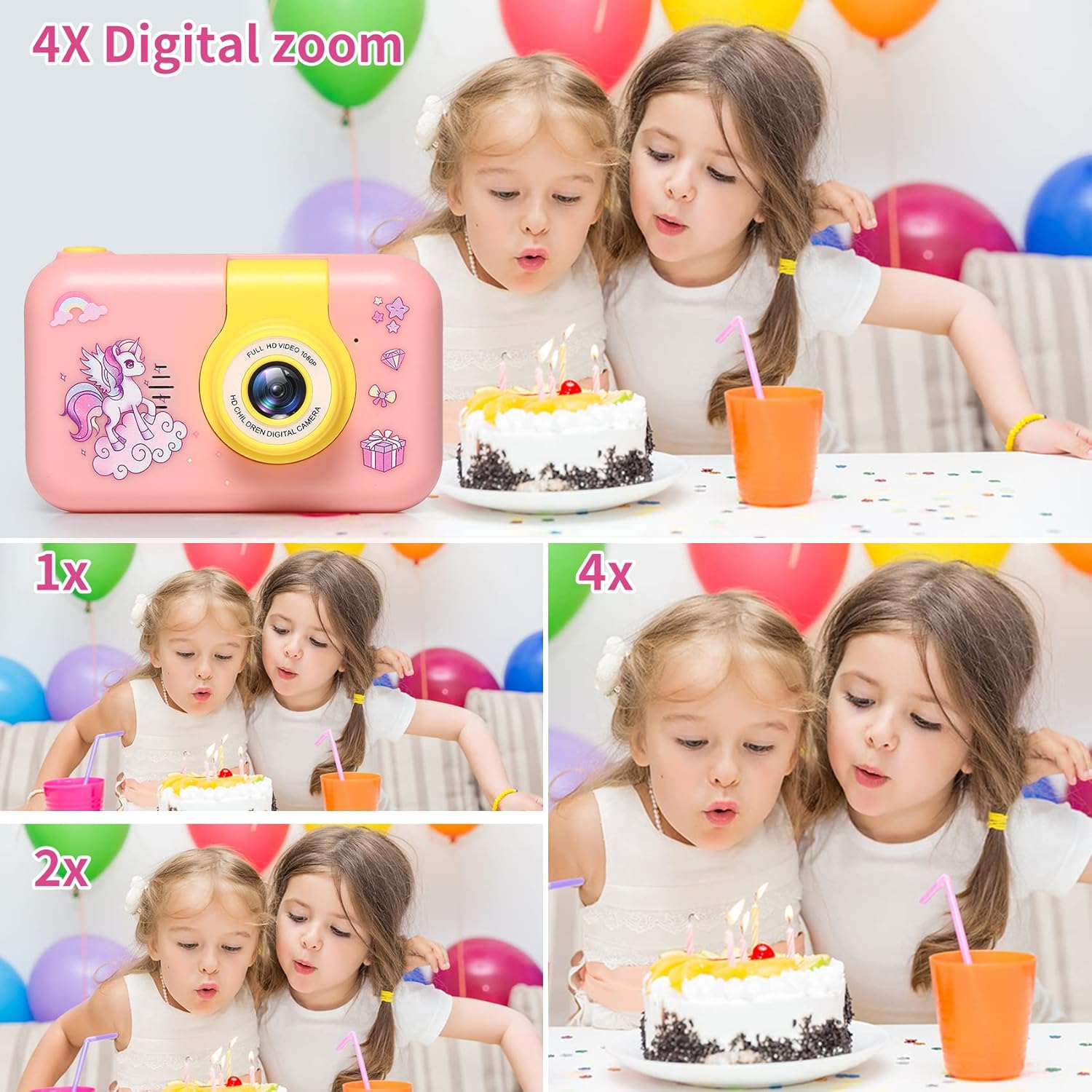 Cámara para niños, cámara digital con pantalla IPS de 2.4 pulgadas, cámara de lente abatible de 180, cámara selfie para niños con juego de