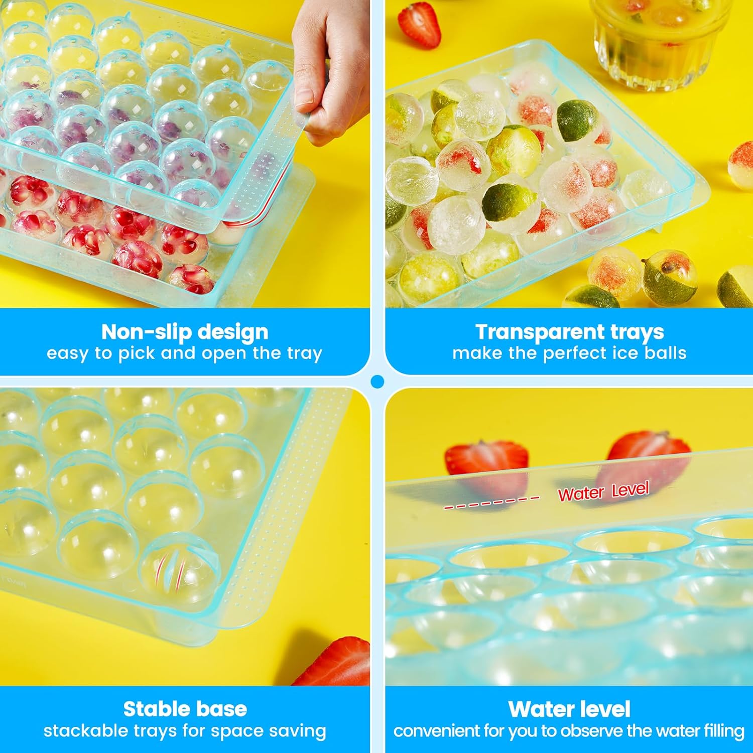 PHINOX – Bandeja de cubitos de hielo con tapa y contenedor, bandejas redondas de hielo para congelador, bandejas de hielo para hacer cubitos de