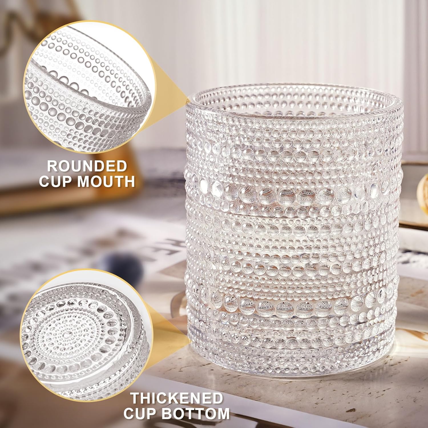 Hobnail – Juego de 4 vasos de cristal de moda antigua de 10 onzas, juego de 4 vasos de jugo de agua, cóctel, juego de cristalería vintage, regalo