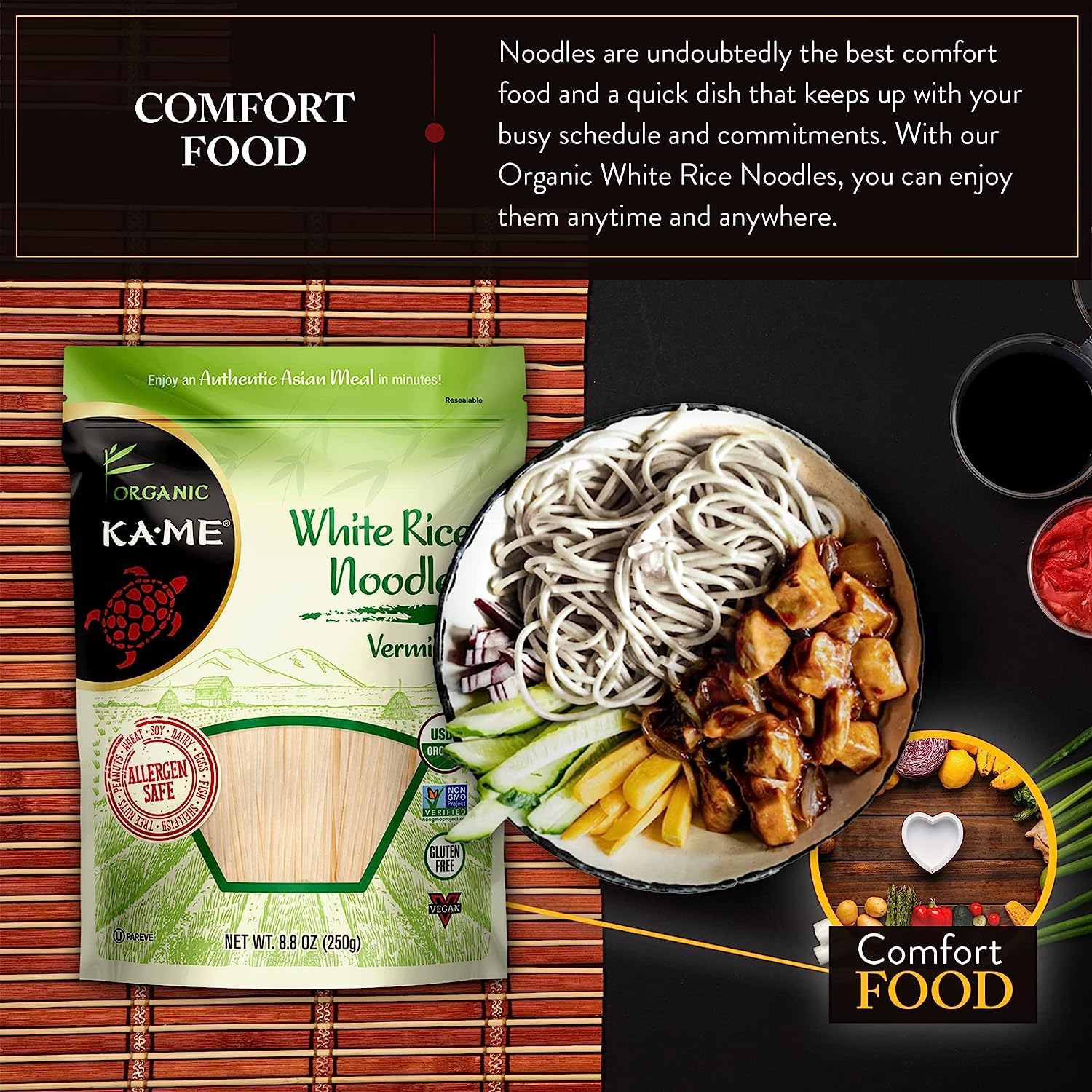 KA-ME Fideos de arroz orgánicos, fideos de calidad premium, sin gluten, sin conservantes ni MSG, un alimento básico tailandés y del sudeste