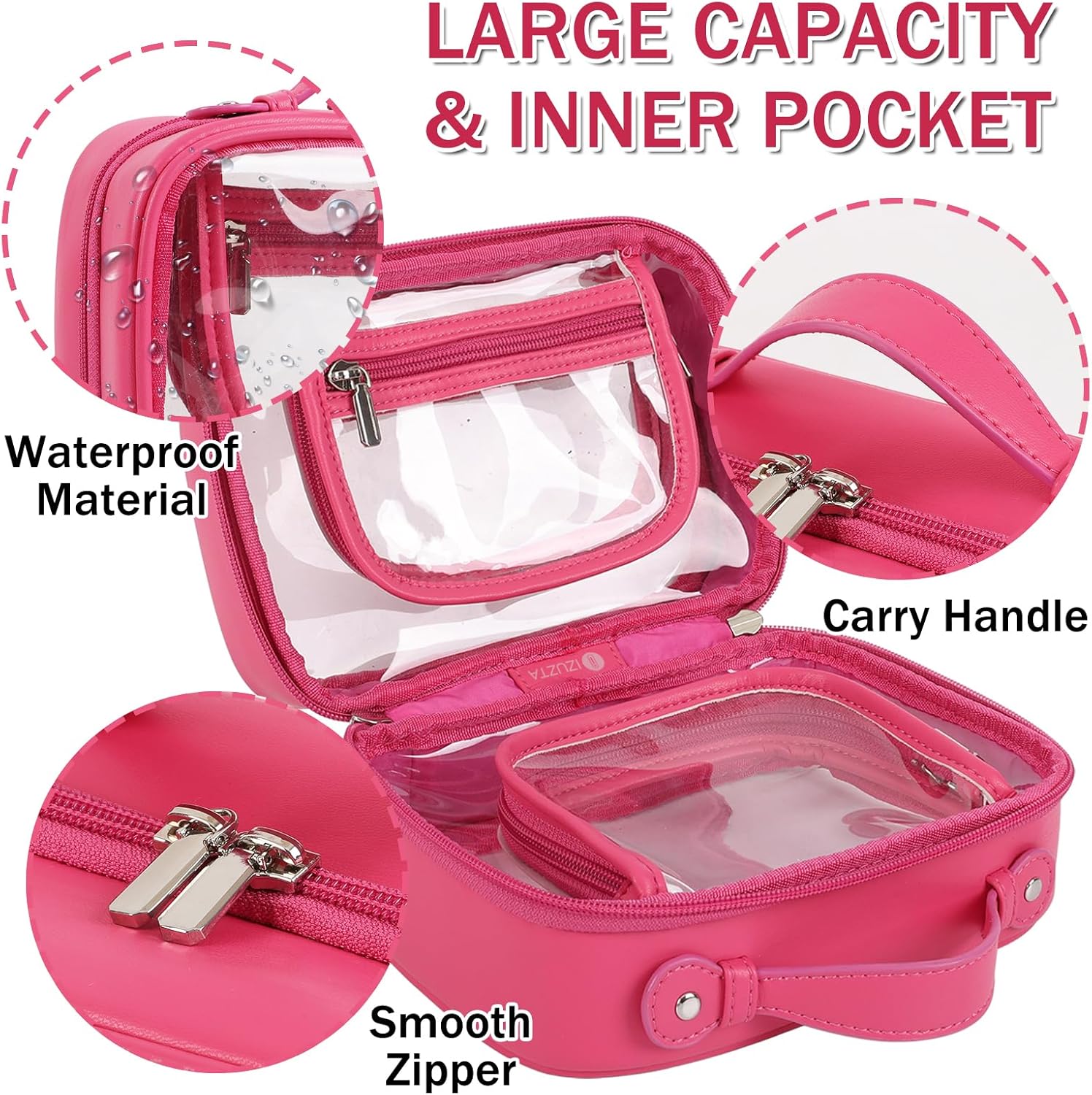 Iqimott Neceser de viaje Bolsa de maquillaje transparente, bolsa de cosméticos con cremallera aprobada por la TSA, Rosa rojo, Moda