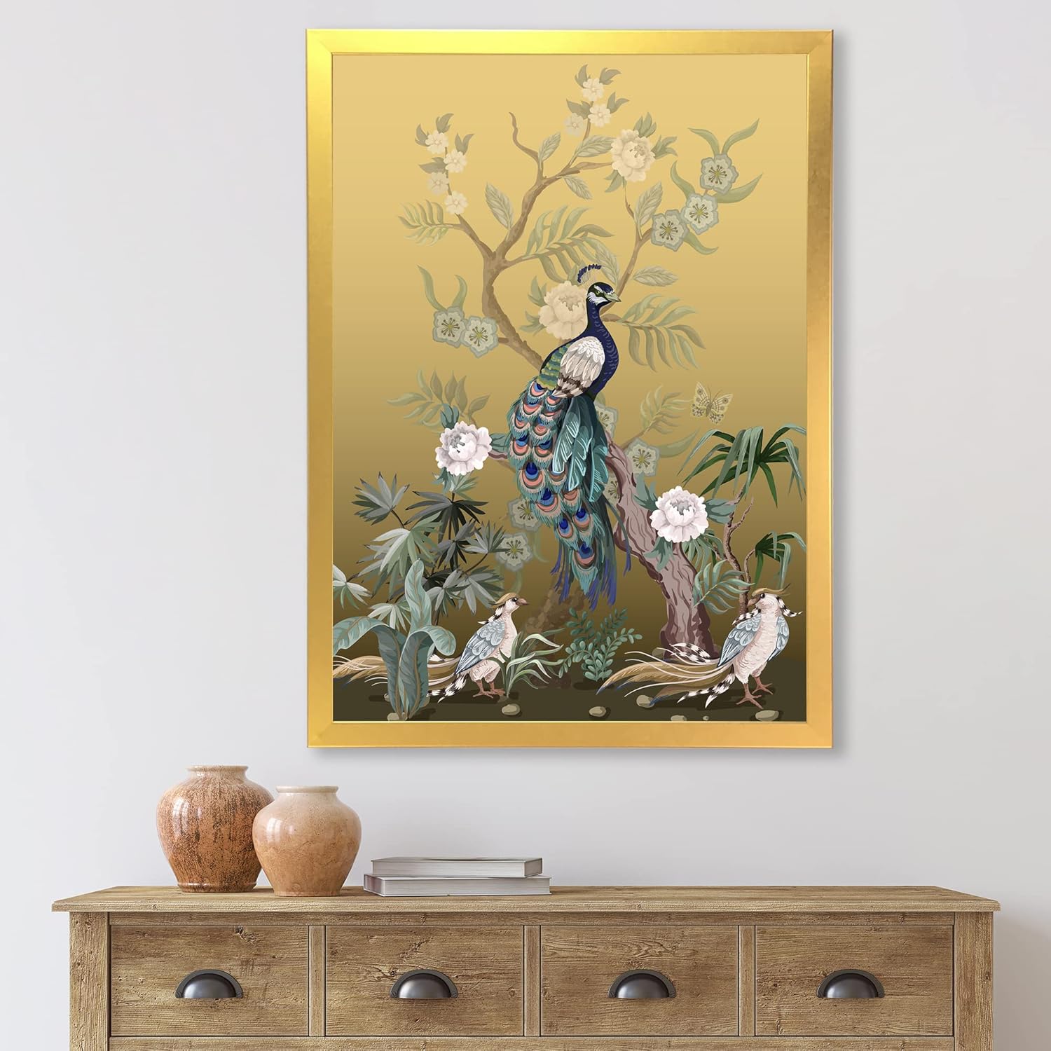 DesignQ Chinoiserie With Birds and Peonies VI – Arte de pared enmarcado tradicional, 30 x 40, FRAME35101
