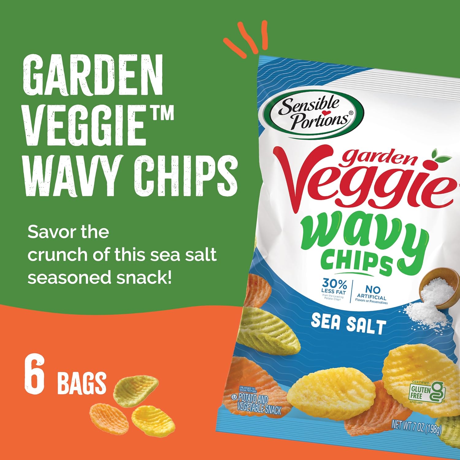 Sensible Portions Chips ondulados vegetarianos, sabor a sal marina, chips sin gluten, bolsa de 7 onzas, paquete de 6