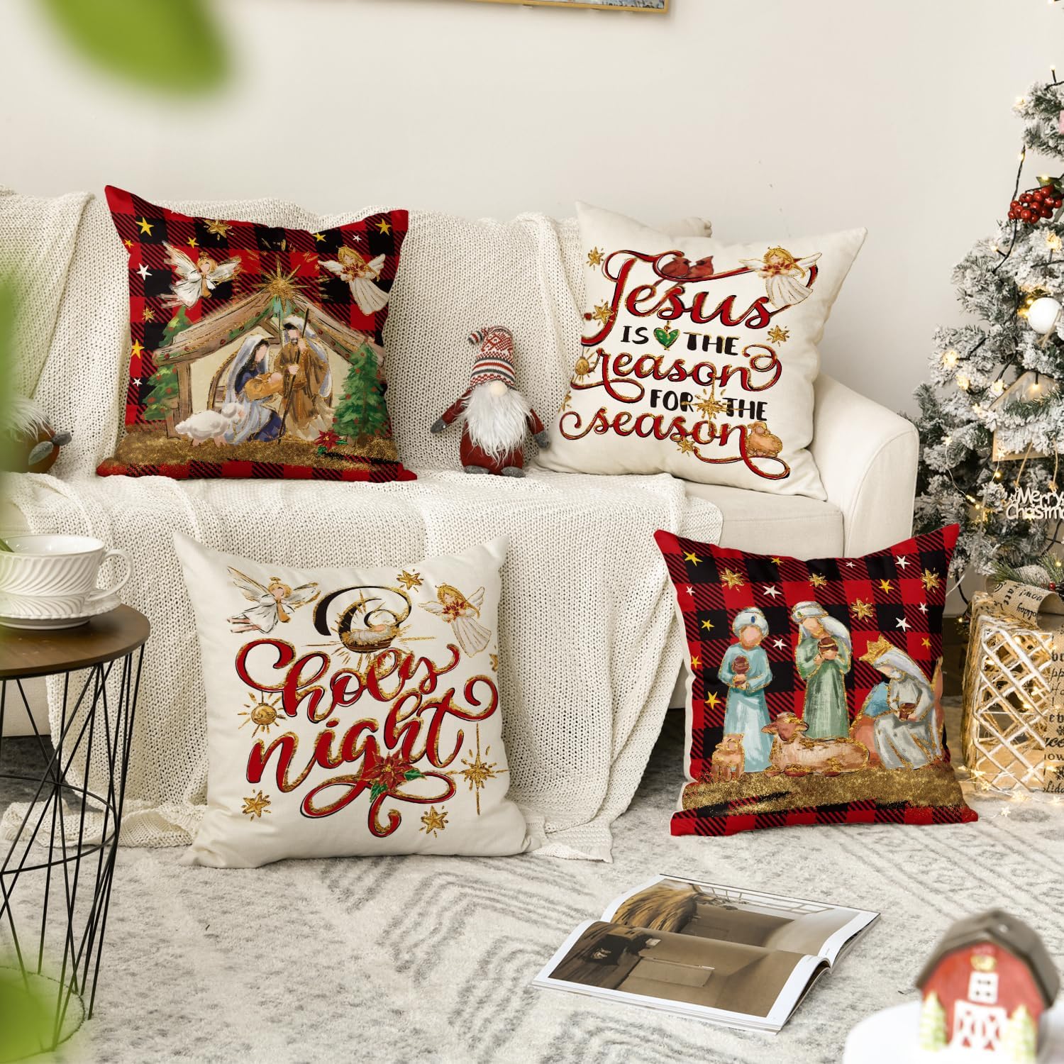 AVOIN colorlife Christmas O Holy Night Jesus Cardinal Buffalo – Juego de 4 fundas de almohada a cuadros, 20 x 20 pulgadas, con texto de Navidad,
