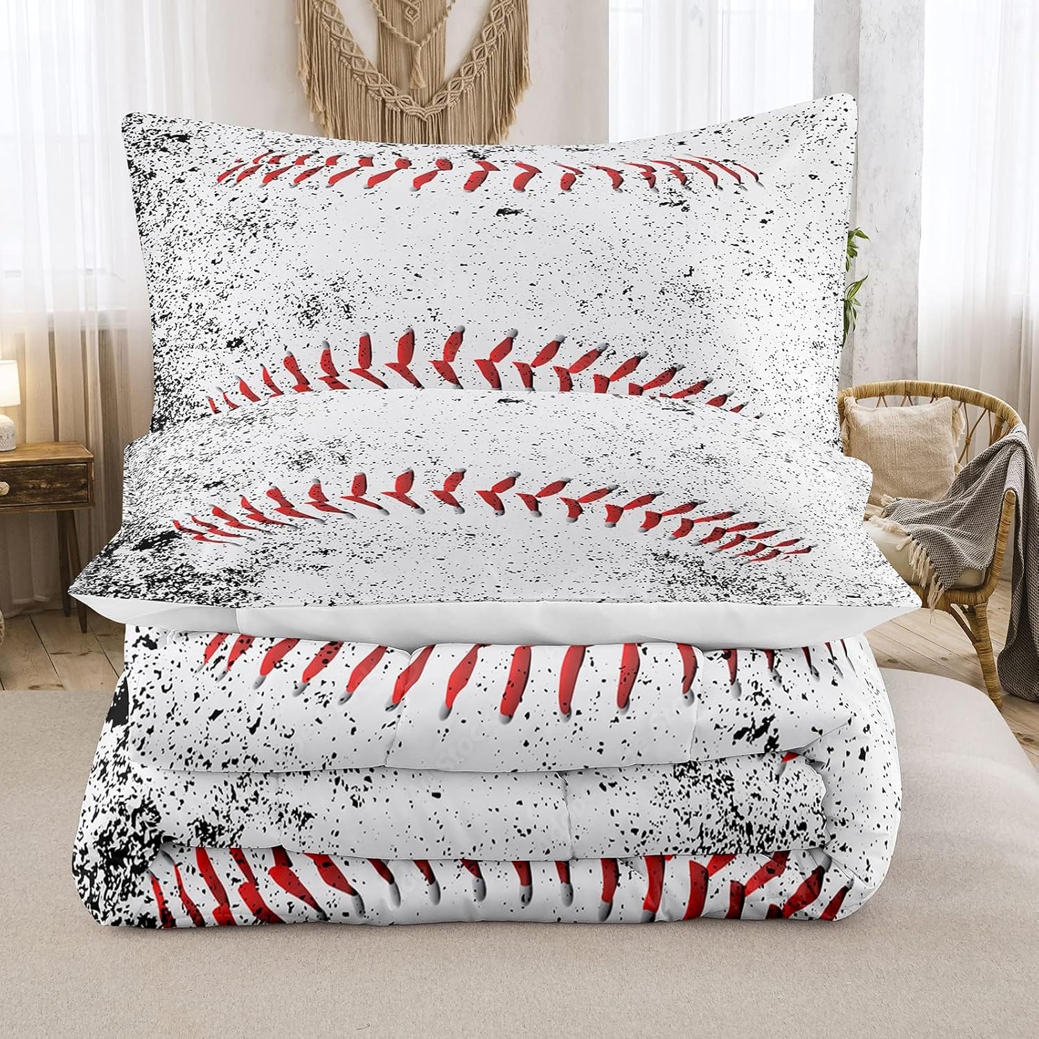 NINENINE Juego de ropa de cama de béisbol de 5 piezas, tamaño individual, juegos de ropa de cama deportiva para niños, juego de edredón blanco