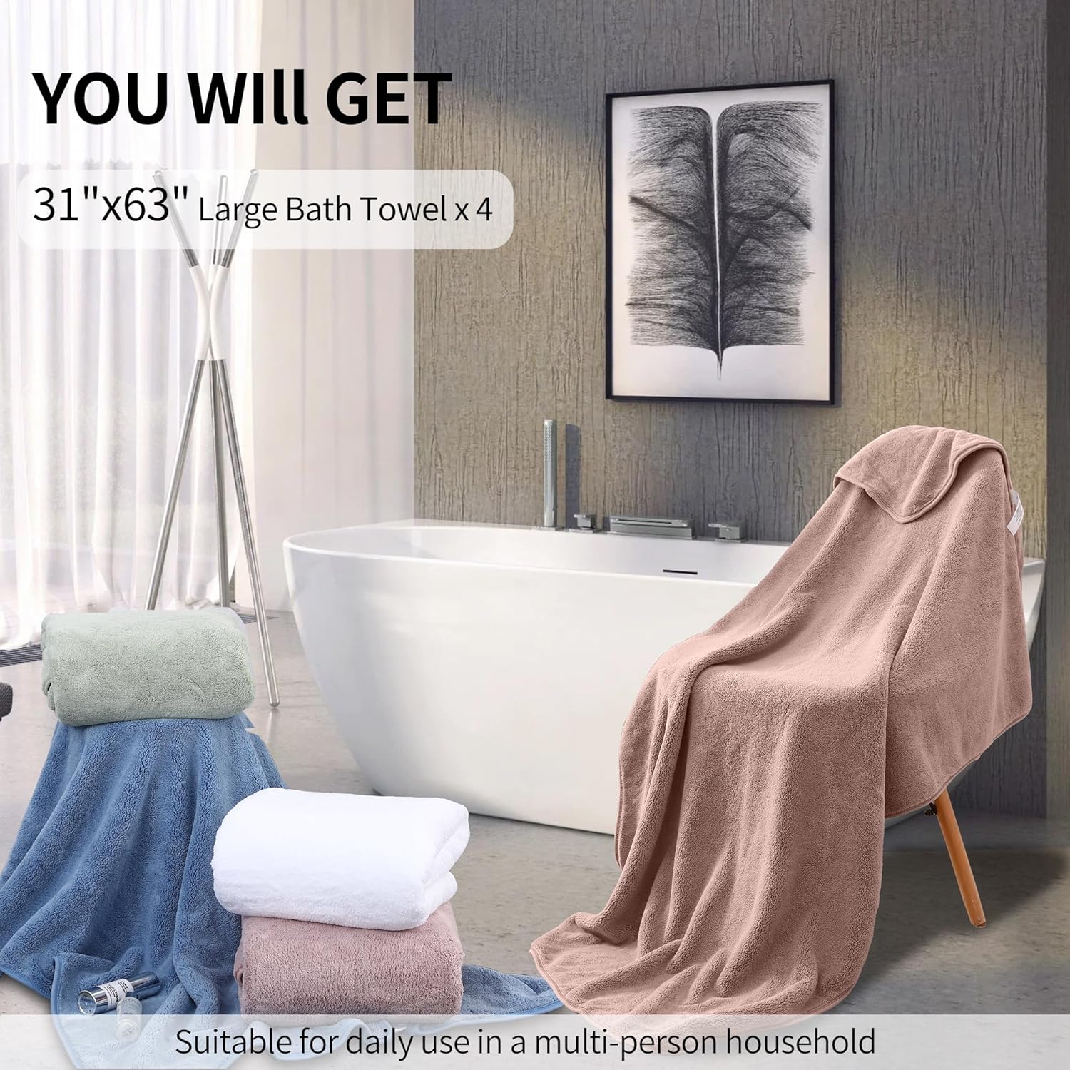 Juego de toallas de baño extra grandes para baño, suaves, de gran tamaño, para adultos, toallas de baño de microfibra de felpa para cuerpo,