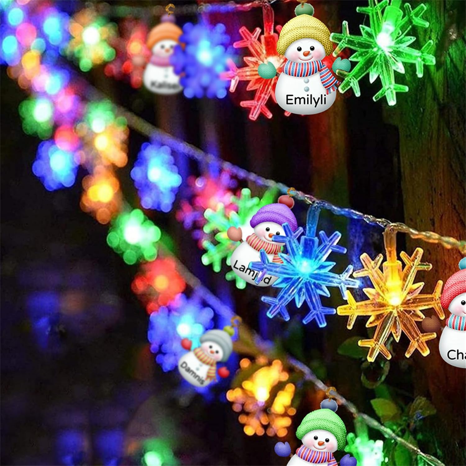 Guirnalda de luces de Navidad personalizadas con nombre, muñeco de nieve personalizado, guirnalda de luces familiares de muñeco de nieve colorido,