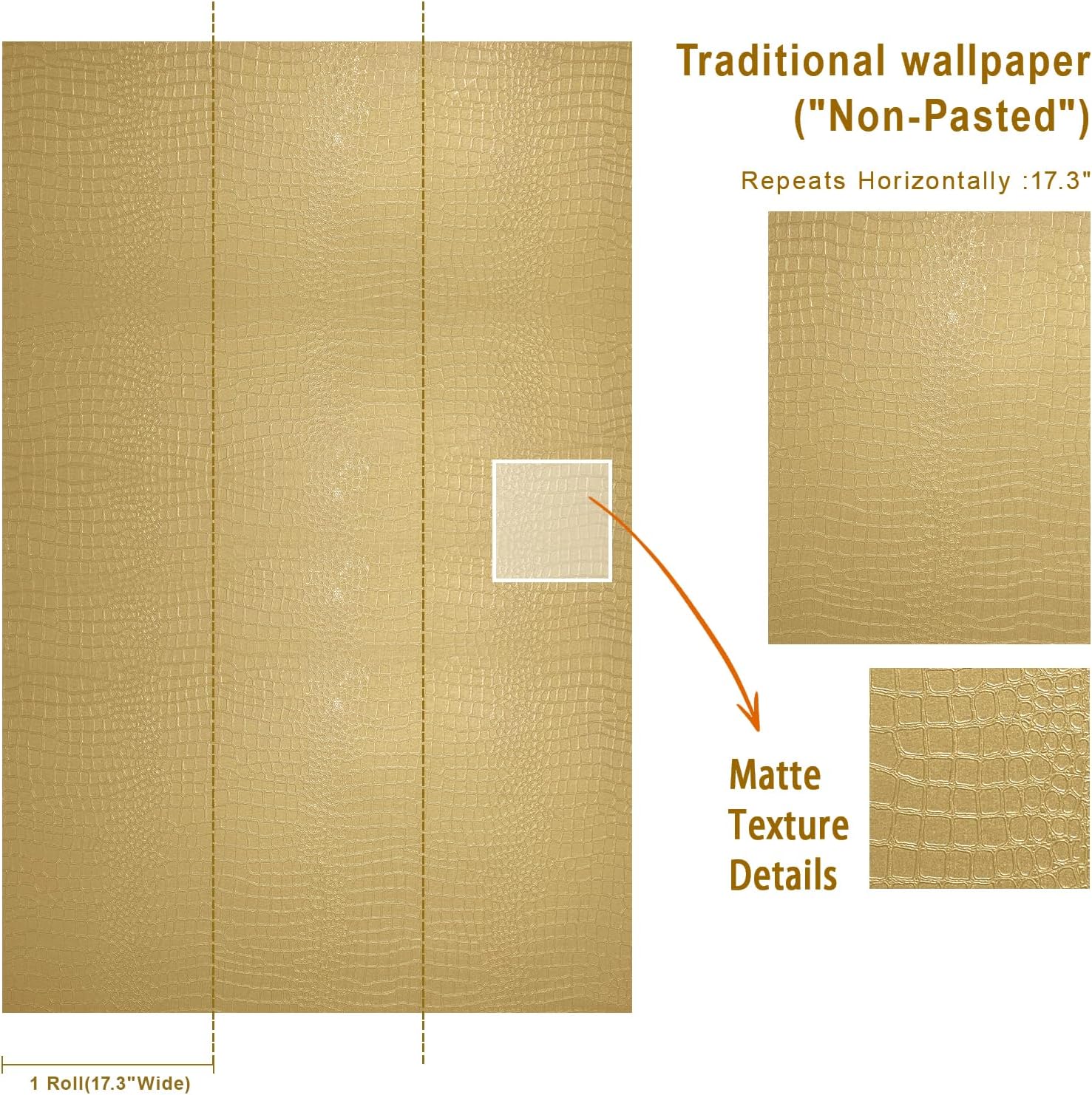 Simon&Siff Papel tapiz dorado texturizado de cocodrilo, papel tapiz moderno dorado de lujo para dormitorio y baño, 17.3 x 472 pulgadas, papel tapiz