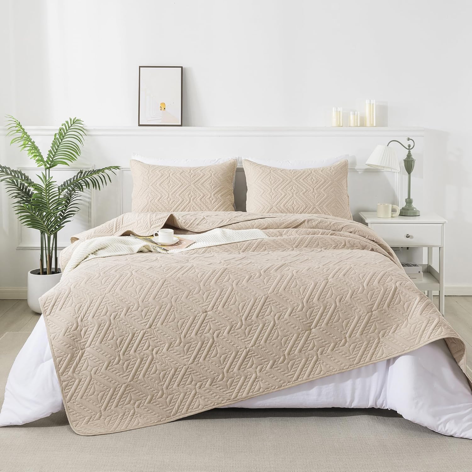 Andency Juego de edredón beige tamaño California King (112 x 104 pulgadas), 3 piezas (1 edredón beige y 2 fundas de almohada), juego de edredón